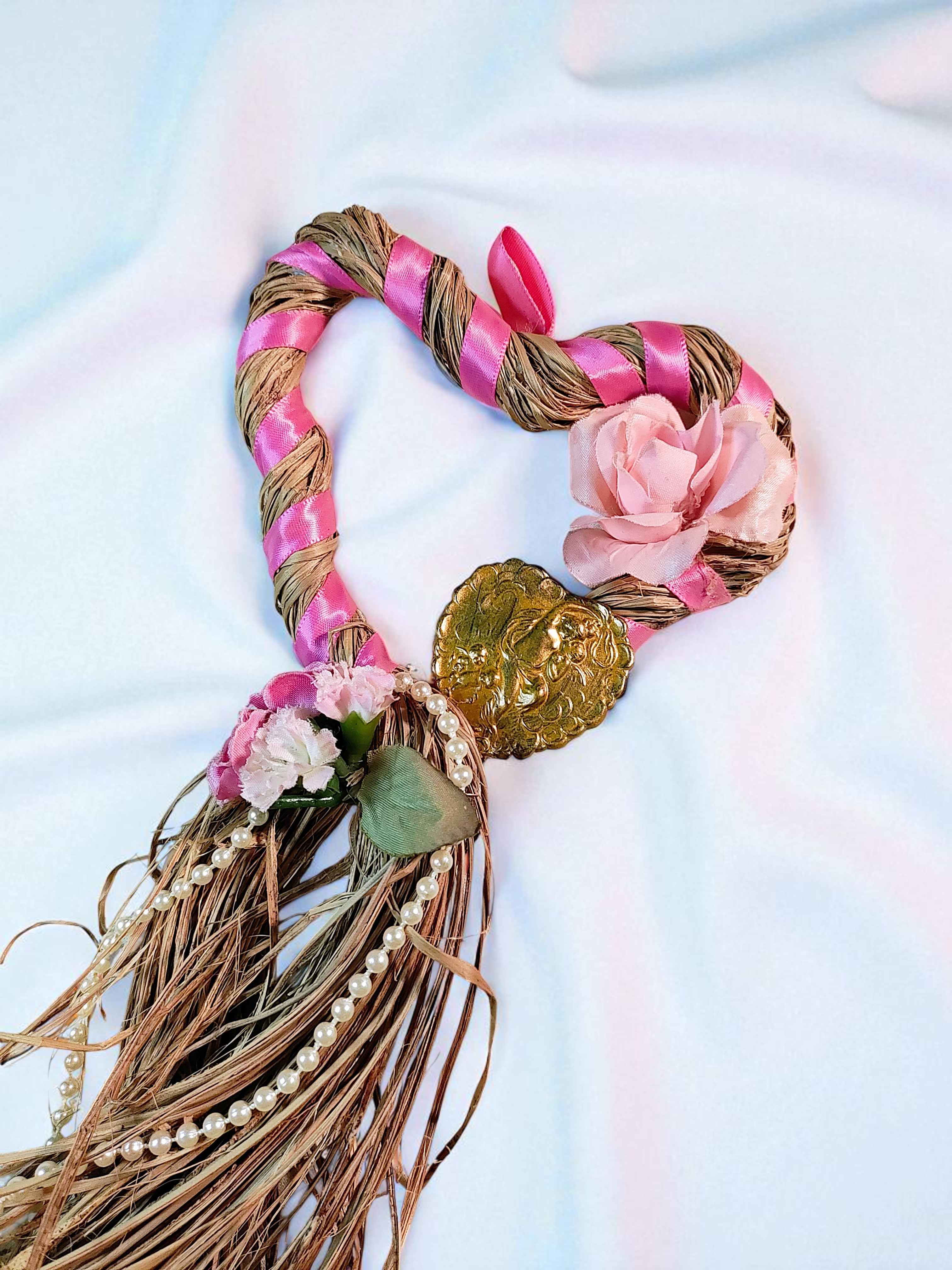 Handmade Heart Shaped Straw Floral Love Wreath with Cupid