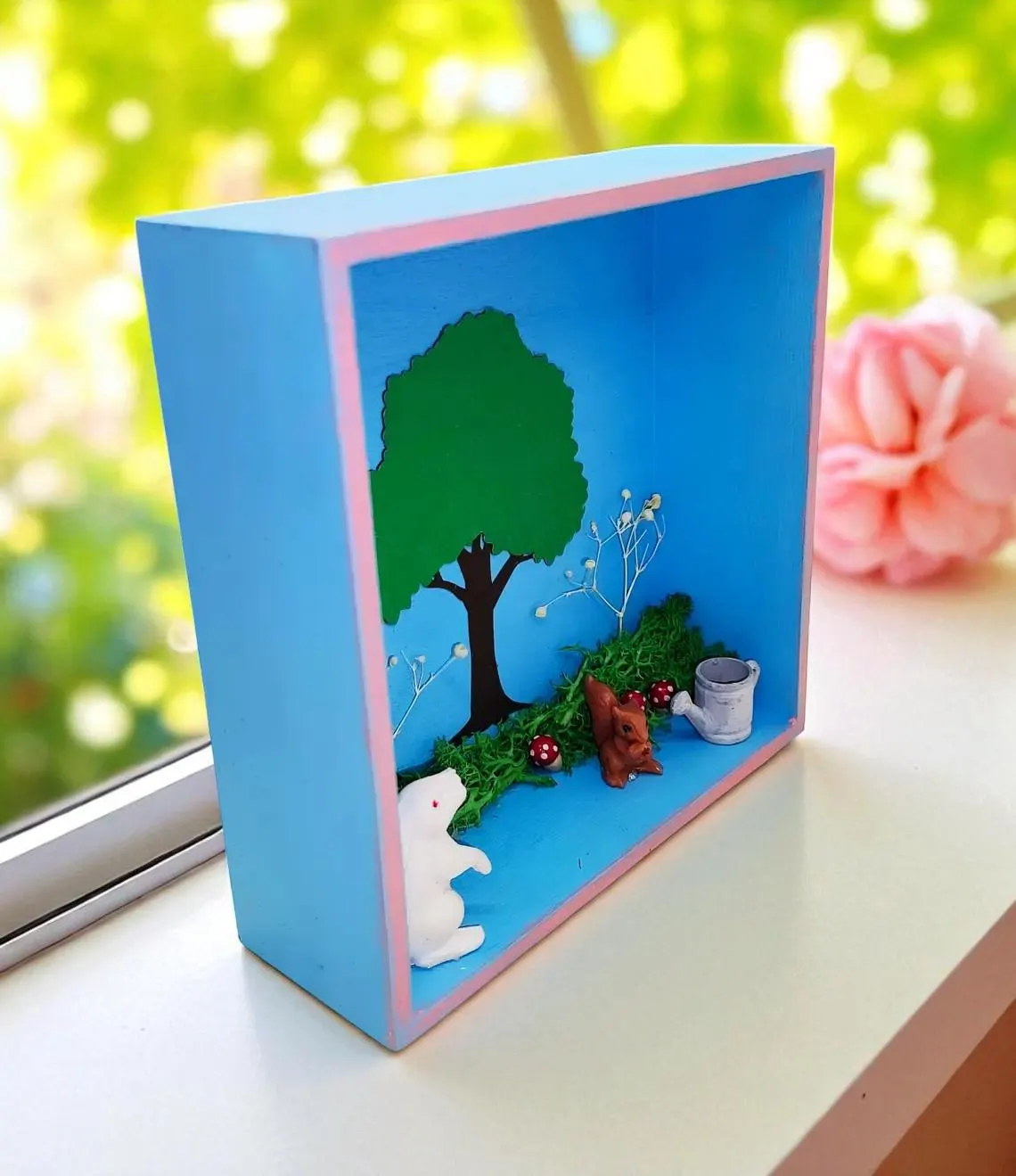 Spring Scene Shadow Box Shelf Sitter with Miniature Garden Scene 