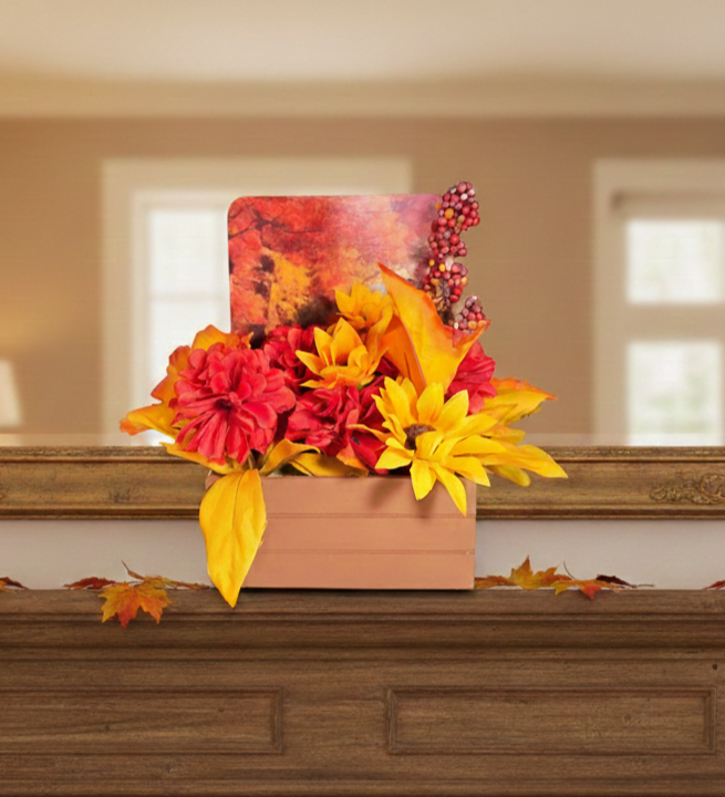 Autumn Harvest Flower Arrangement in Wooden Decoupaged Planter 