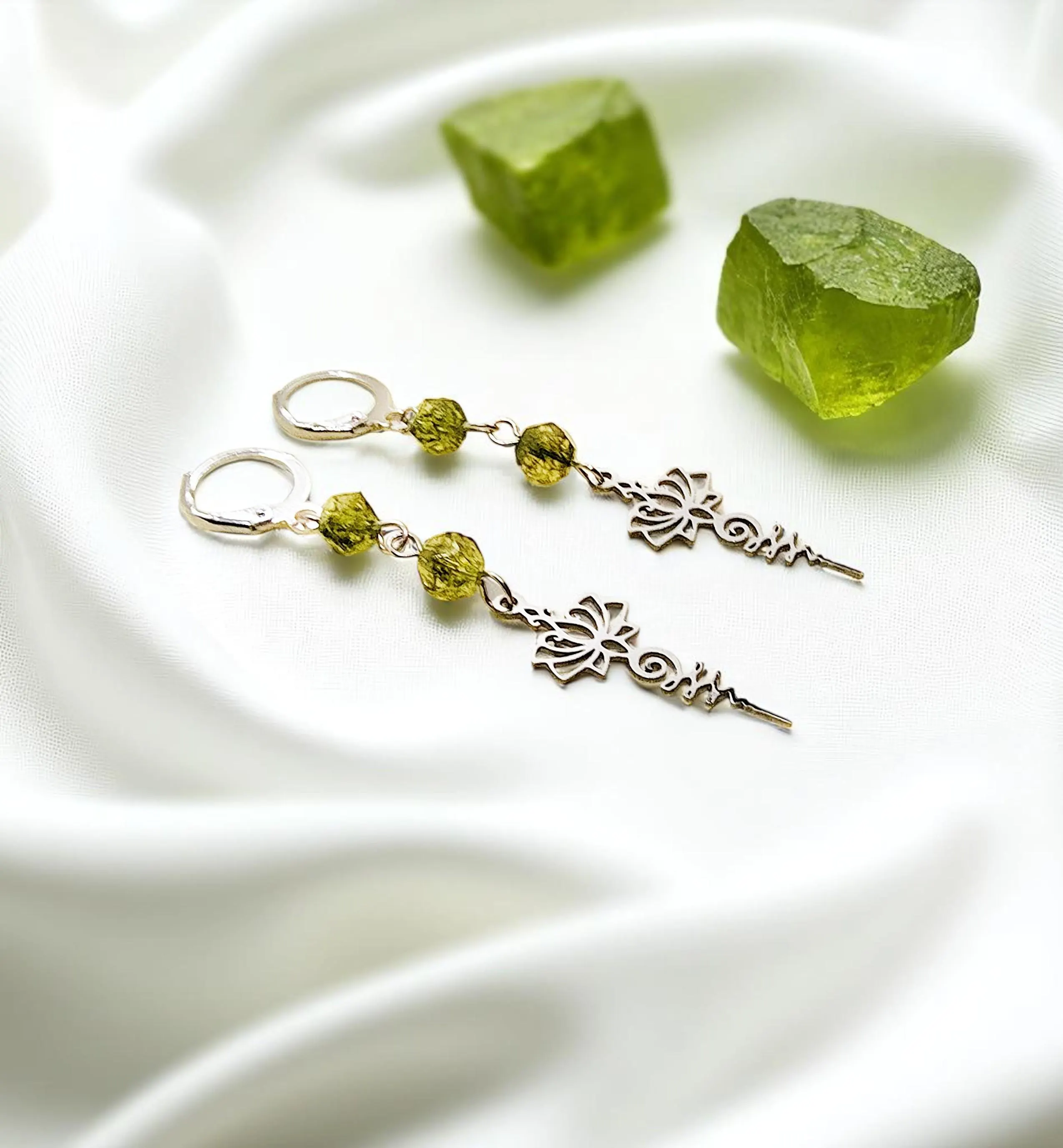 Lotus Unalome Peridot Gemstone Dangle Earrings