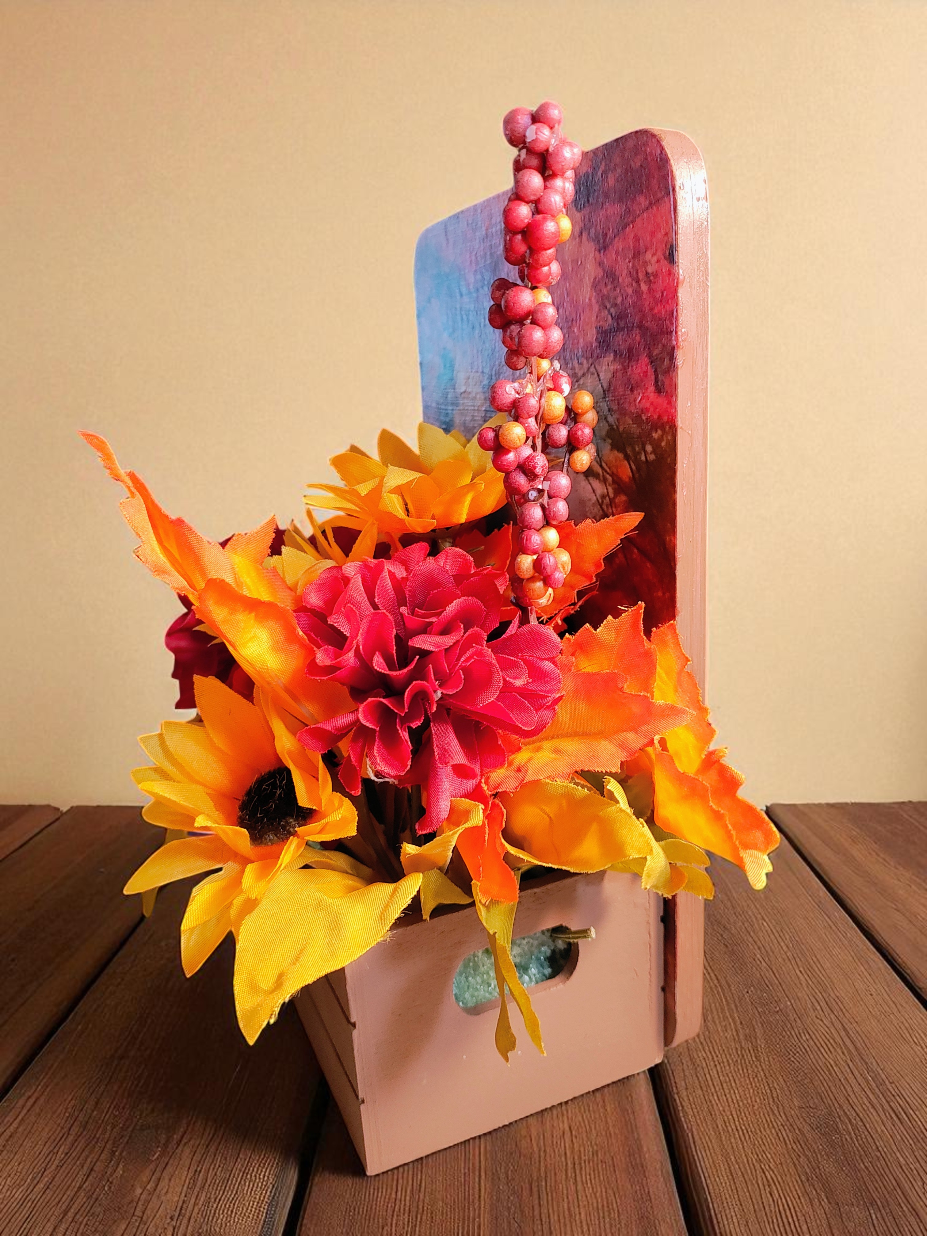 Autumn Harvest Flower Arrangement in Wooden Decoupaged Planter 