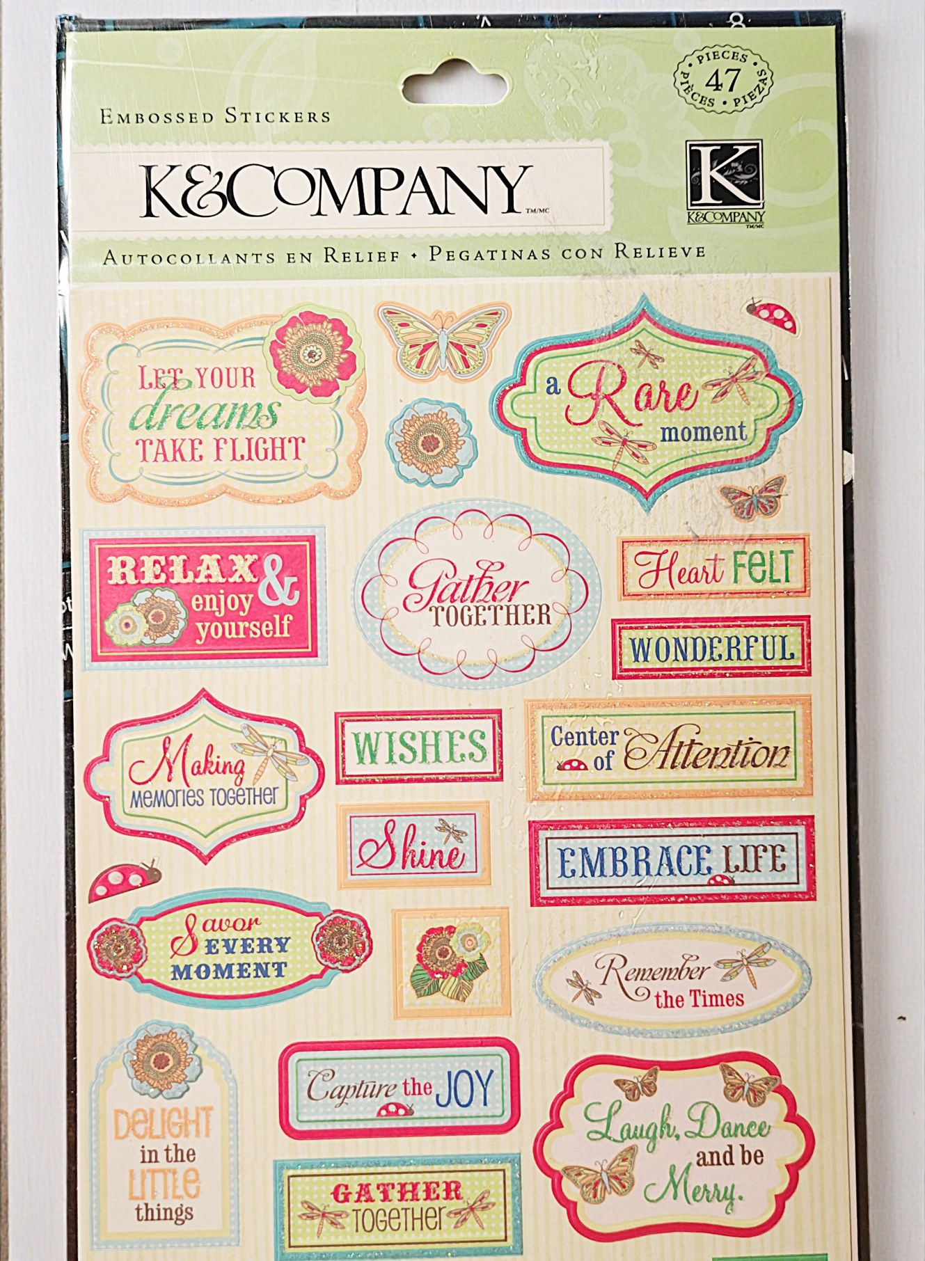 K&Company Eliza Embossed Sentiment Stickers – Inspirational Labels and Quotes, 47 Pcs