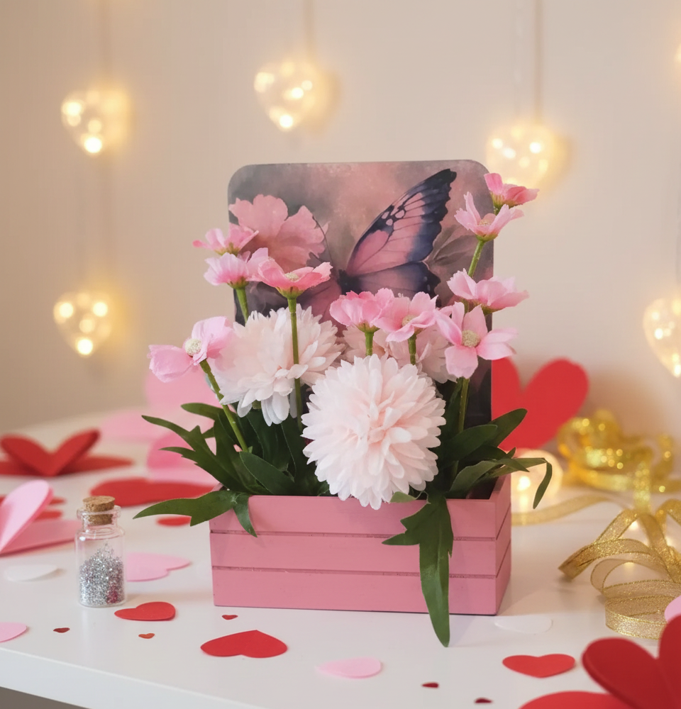 Artificial Flower Arrangement in Wooden Decoupaged Planter 