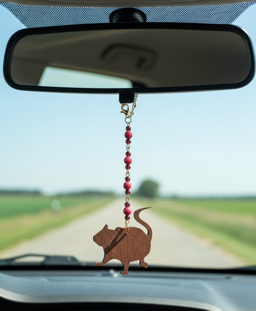 Red Chalcedony & Garnet Gemstone Fancy Rat Rearview Mirror Car Charm 