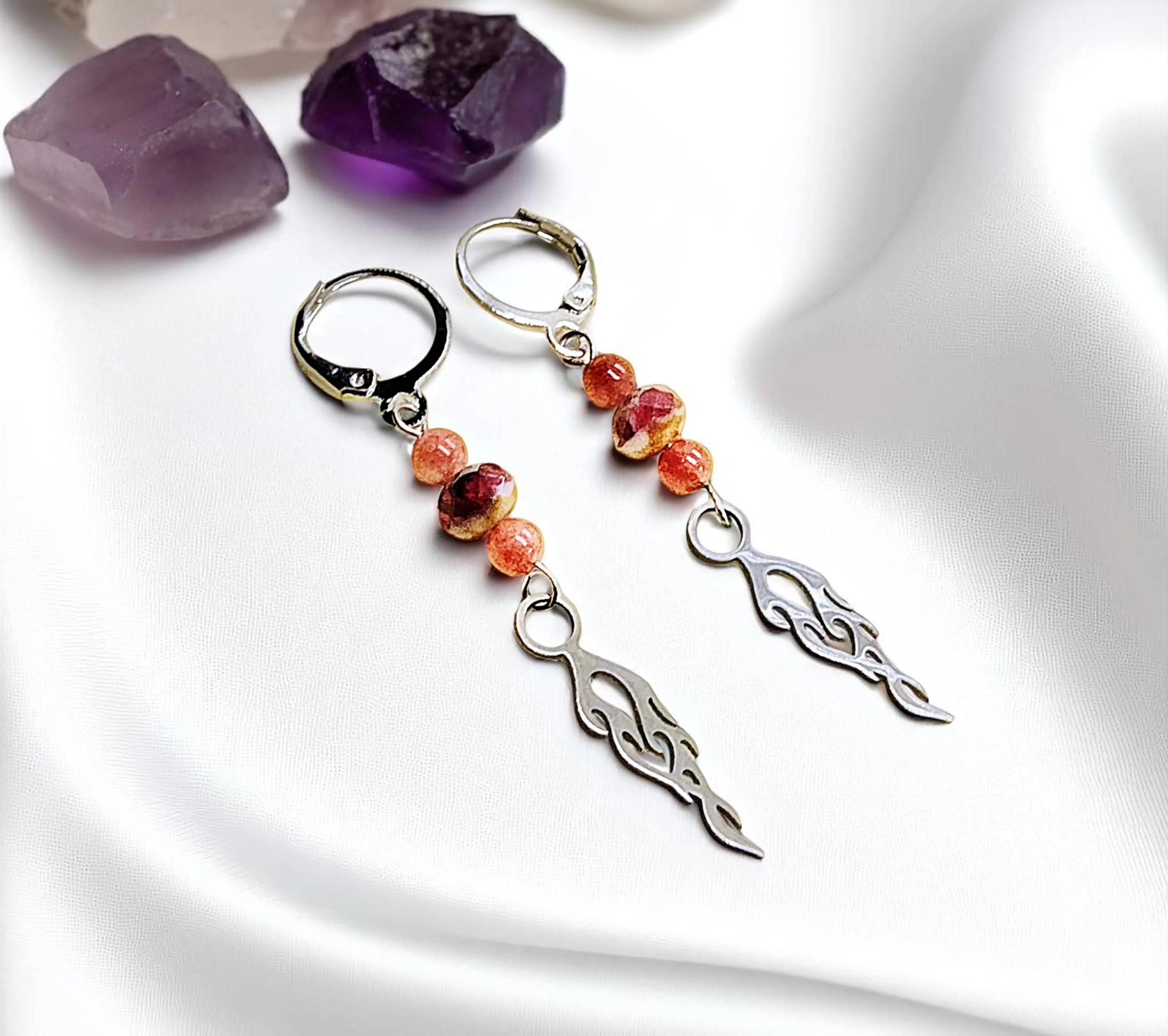 Handmade Flame Gemstone Earrings, Silver Dangle Earrings