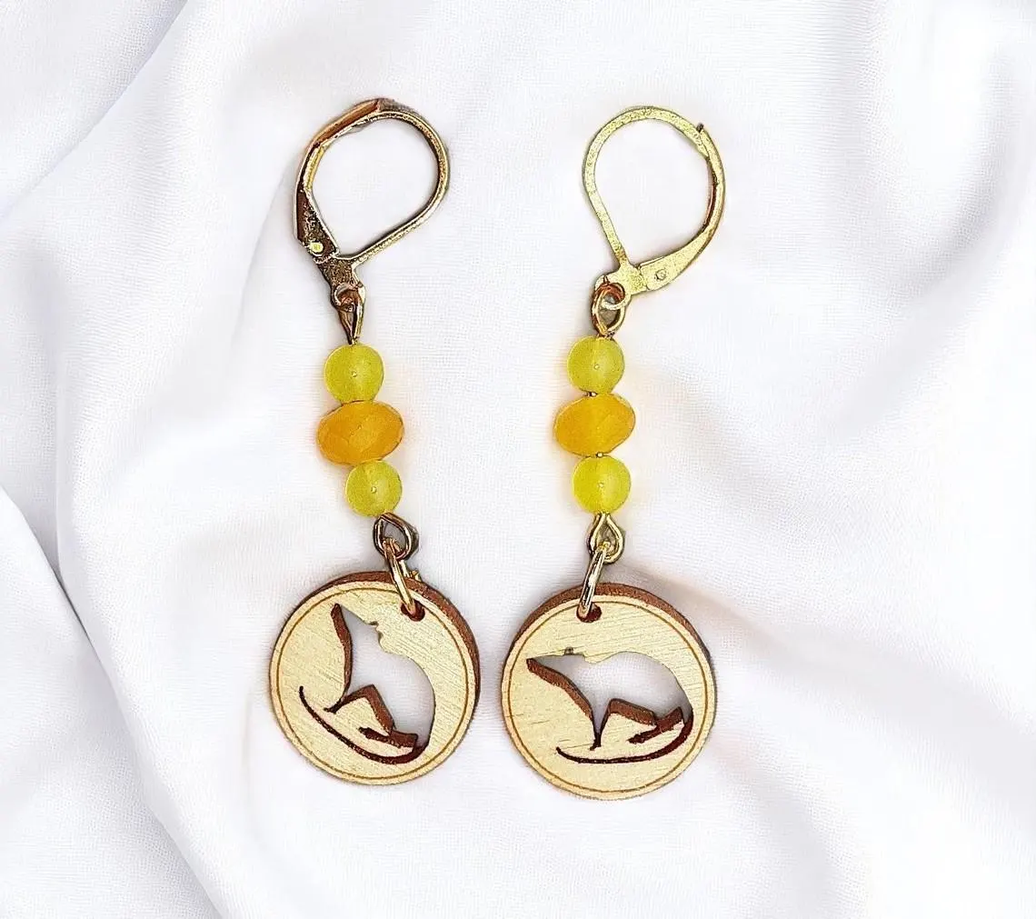 Handcrafted Cute Rat Wooden Rat Charm & Gemstone Dangle Earrings