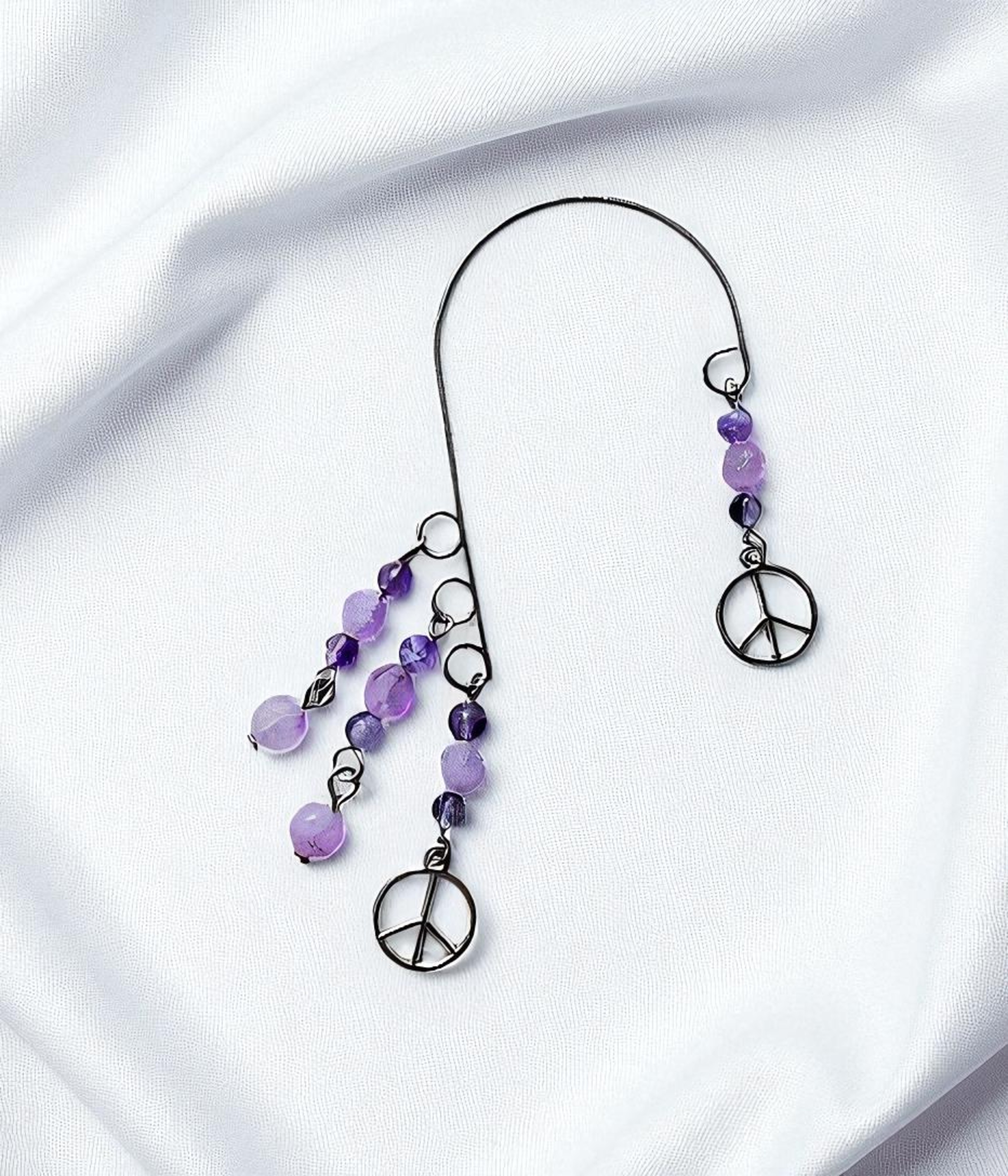 Silver Peace Sign & Purple Gemstone Ear Cuff Wrap