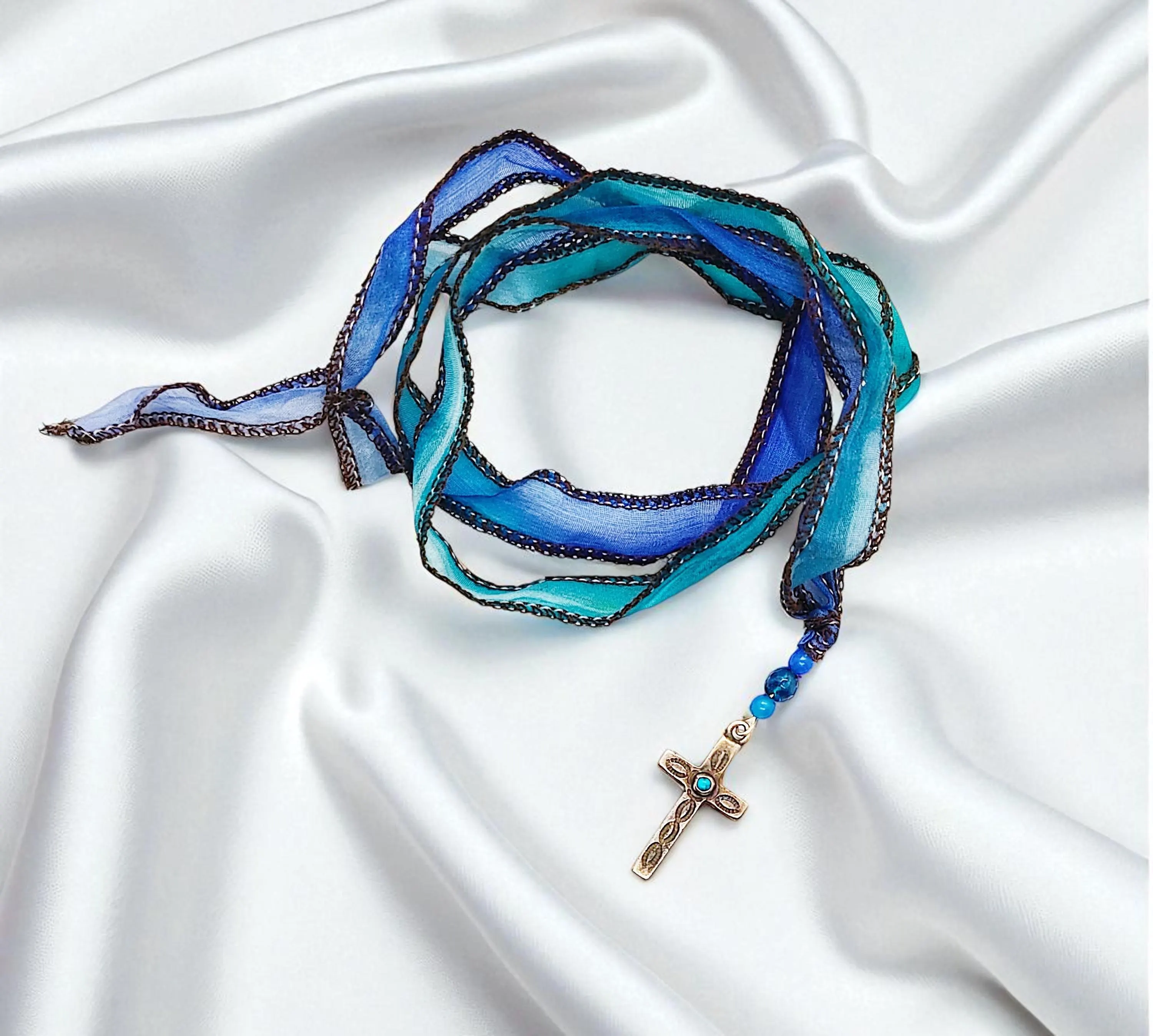 Christian Cross Blue Gemstone Bohemian Multi-Wrap Silk Wrap Ribbon Bracelet