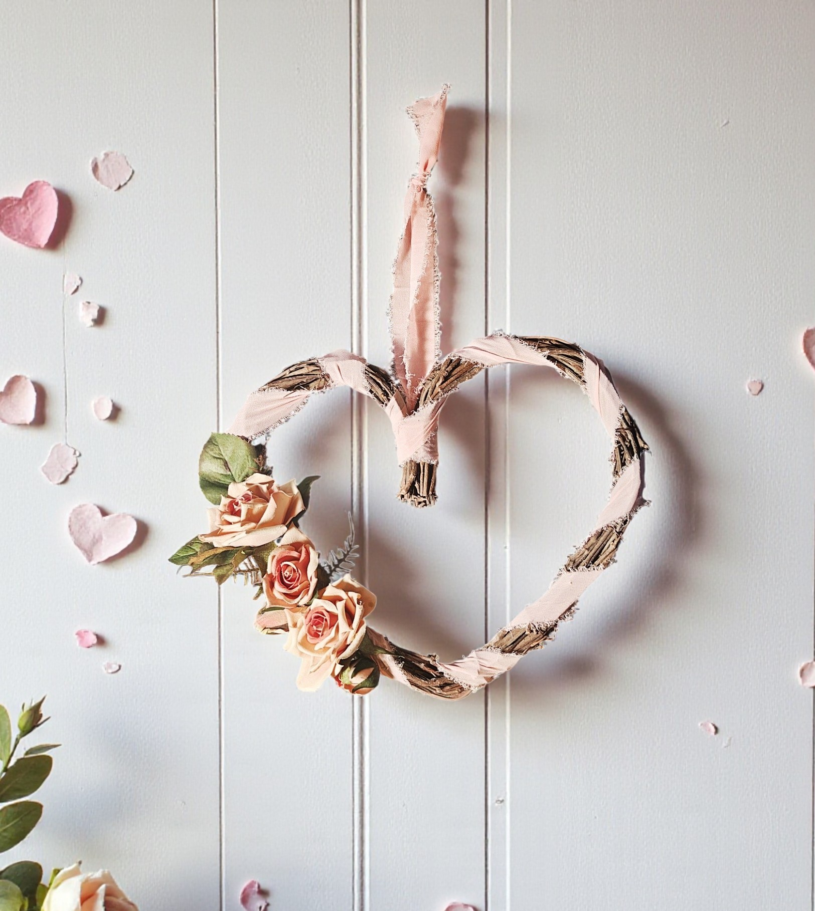 Shabby Chic Pink Rose Heart Shaped Front Door Wreath