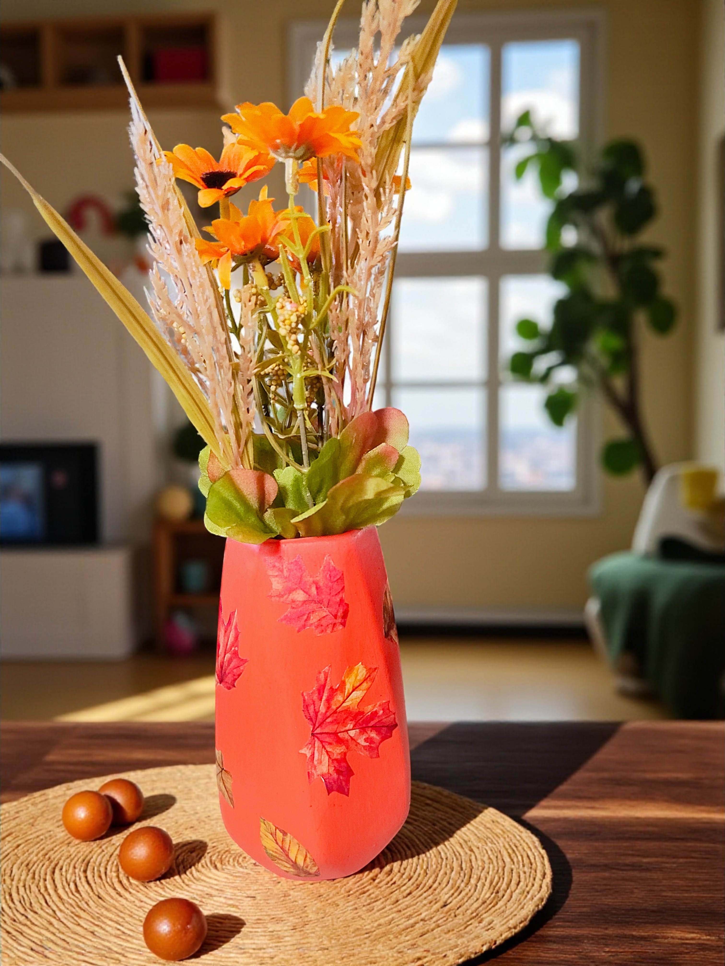 Small Cozy Orange Autumn Leaves Ceramic Flower Vase