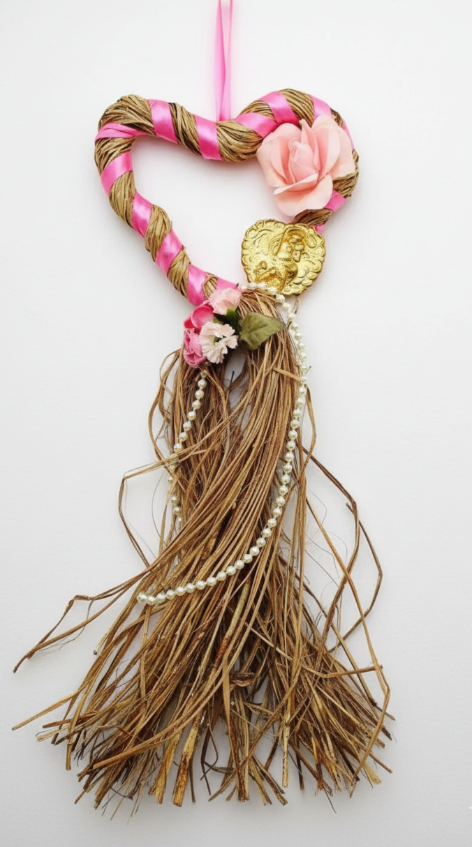 Handmade Heart Shaped Straw Floral Love Wreath with Cupid