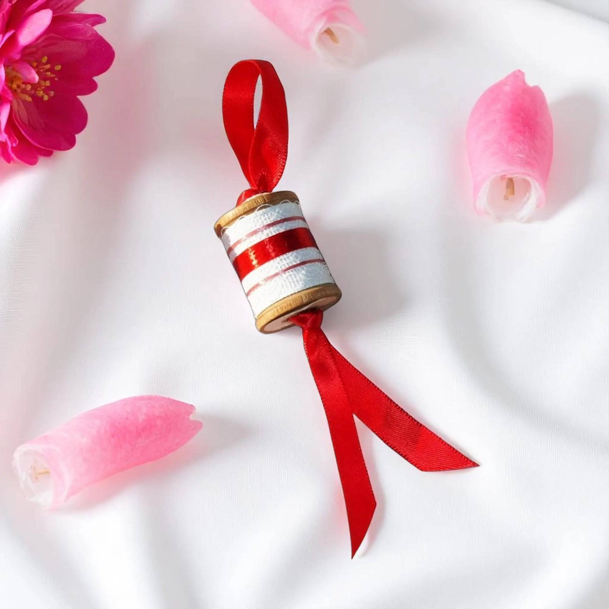 Wooden Decorative Pink & Red Spool Ornament 