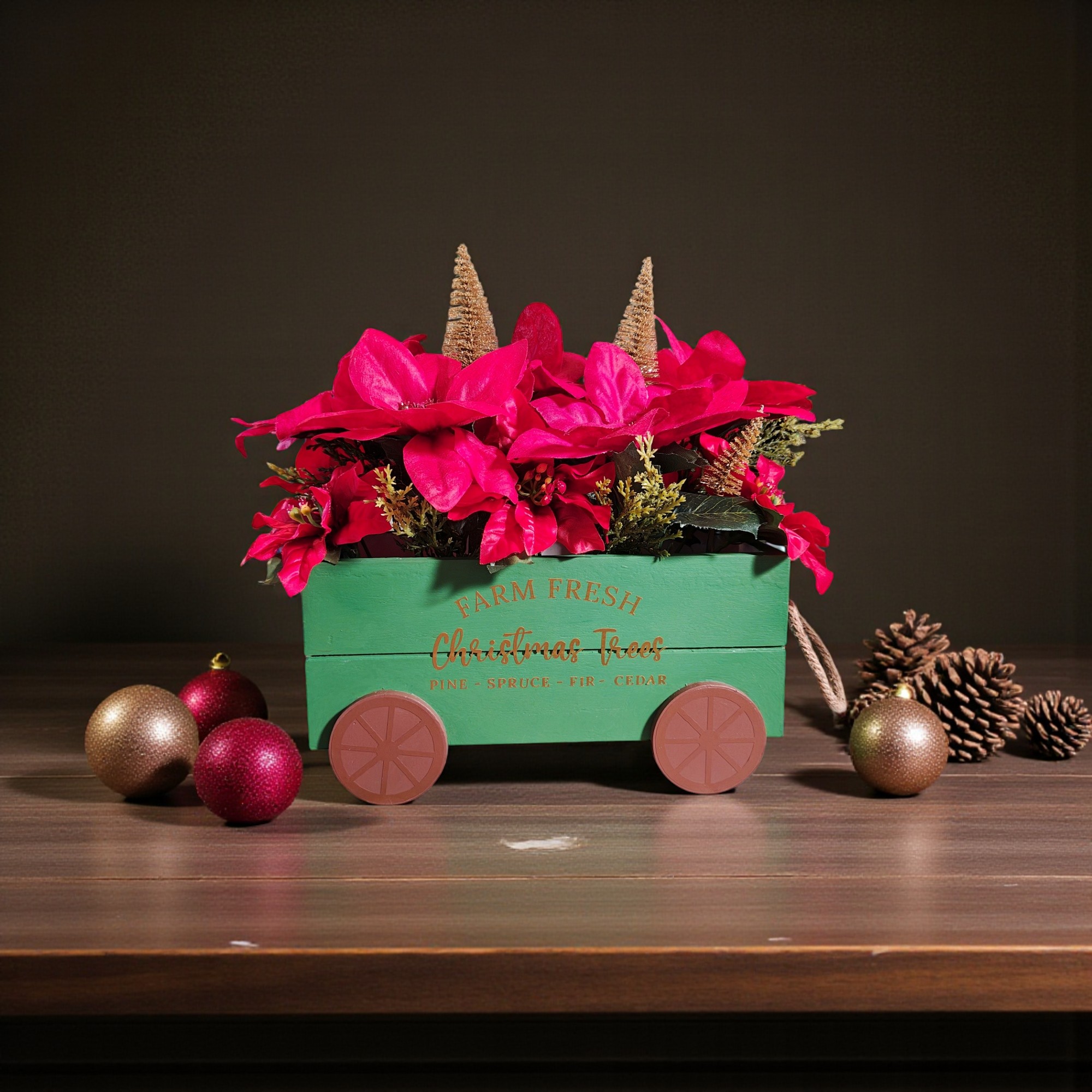 Farm Fresh Christmas Trees Wooden Wagon Poinsettia Floral Arrangement 