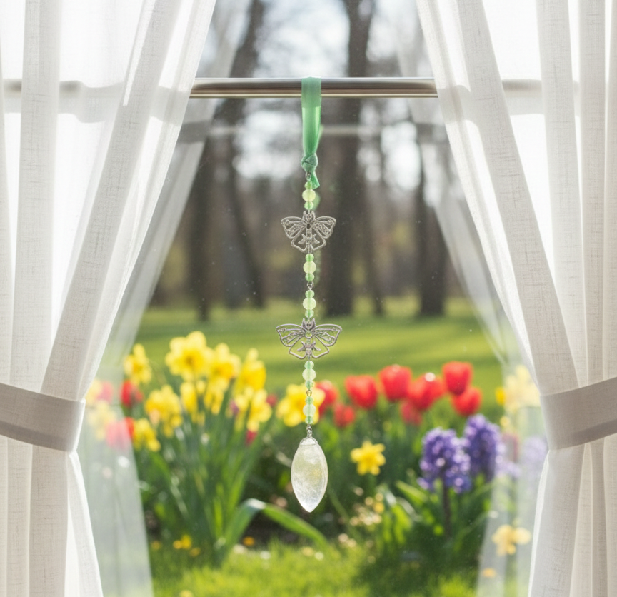 Hanging Beaded Green Gemstone Suncatcher with Butterflies