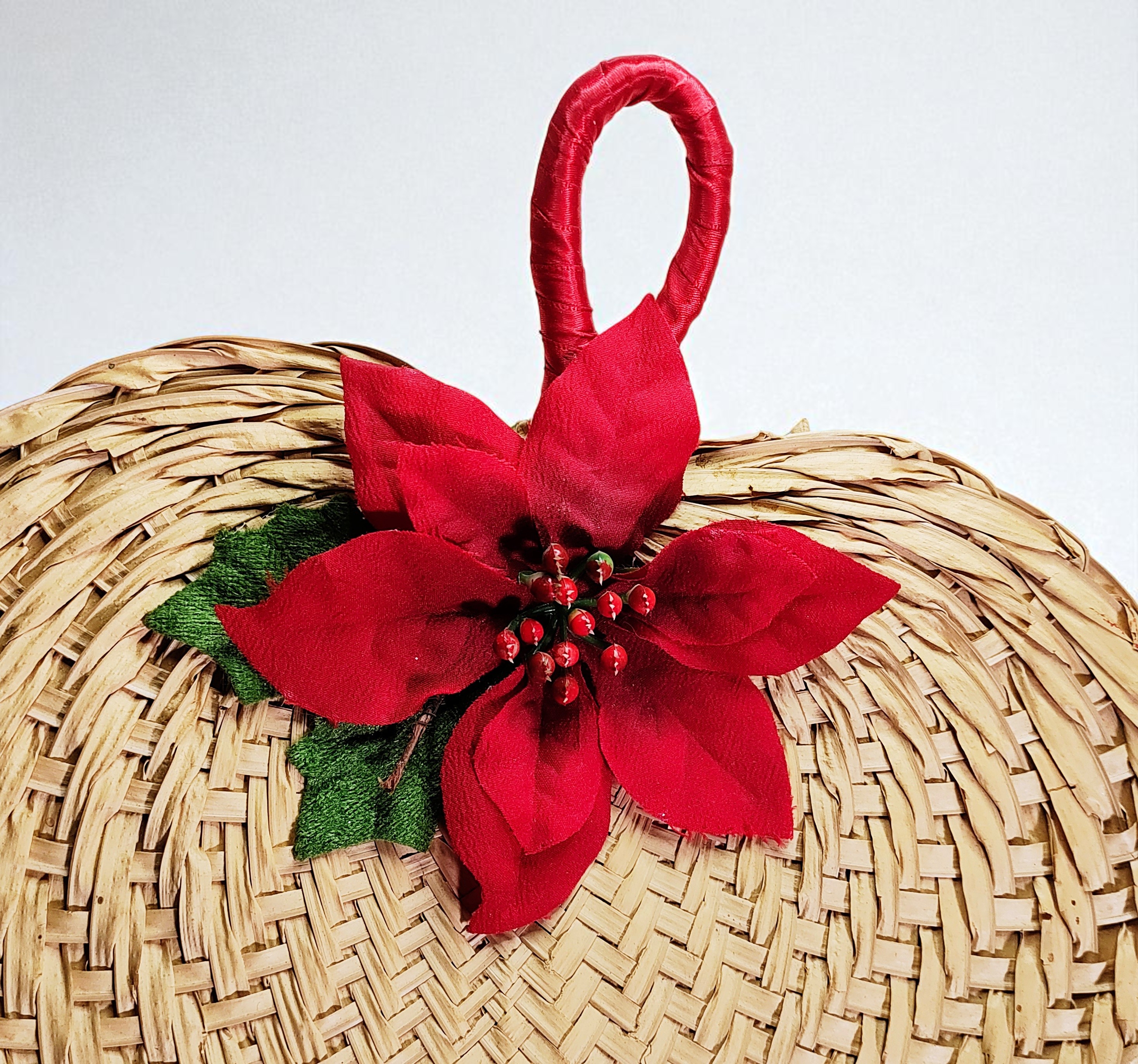 Primitive Christmas Poinsettia Straw Fan Decor 