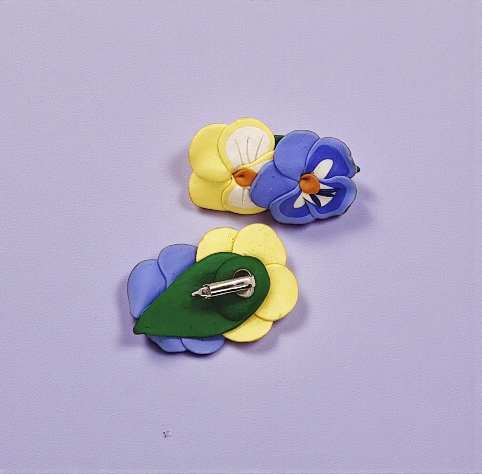 Vintage Clay Pansy Clip on Earrings 