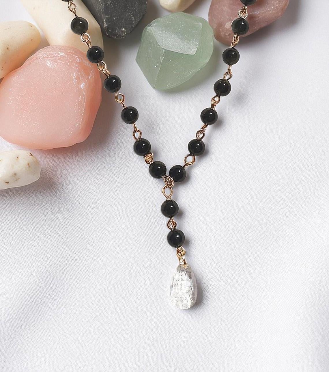 Beaded Golden Black Obsidian Gemstone Statement Necklace with Crystal Pendant