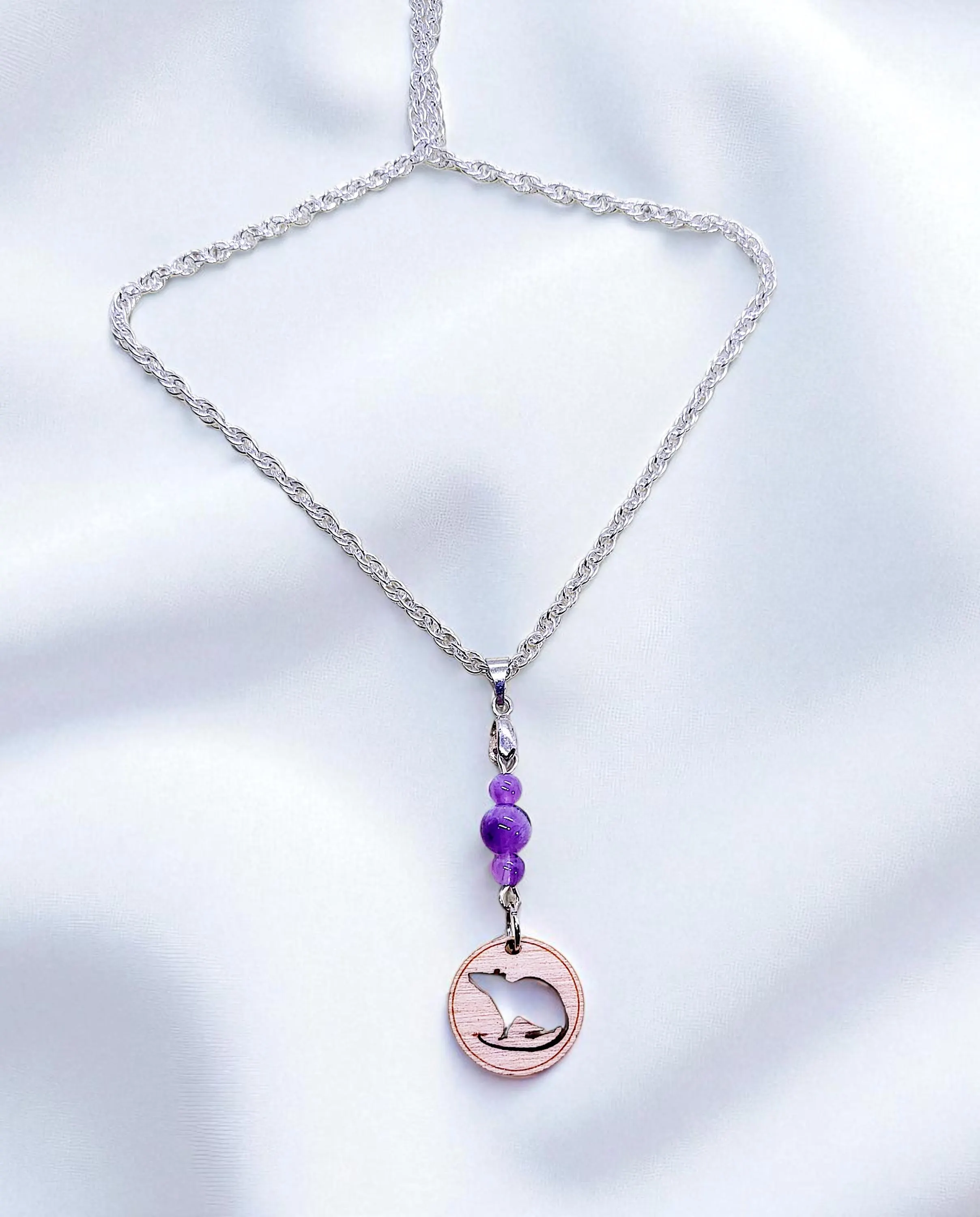 Cute Wooden Rat Silhouette & Amethyst Gemstone Pendant on Silver Plated Chain Necklace