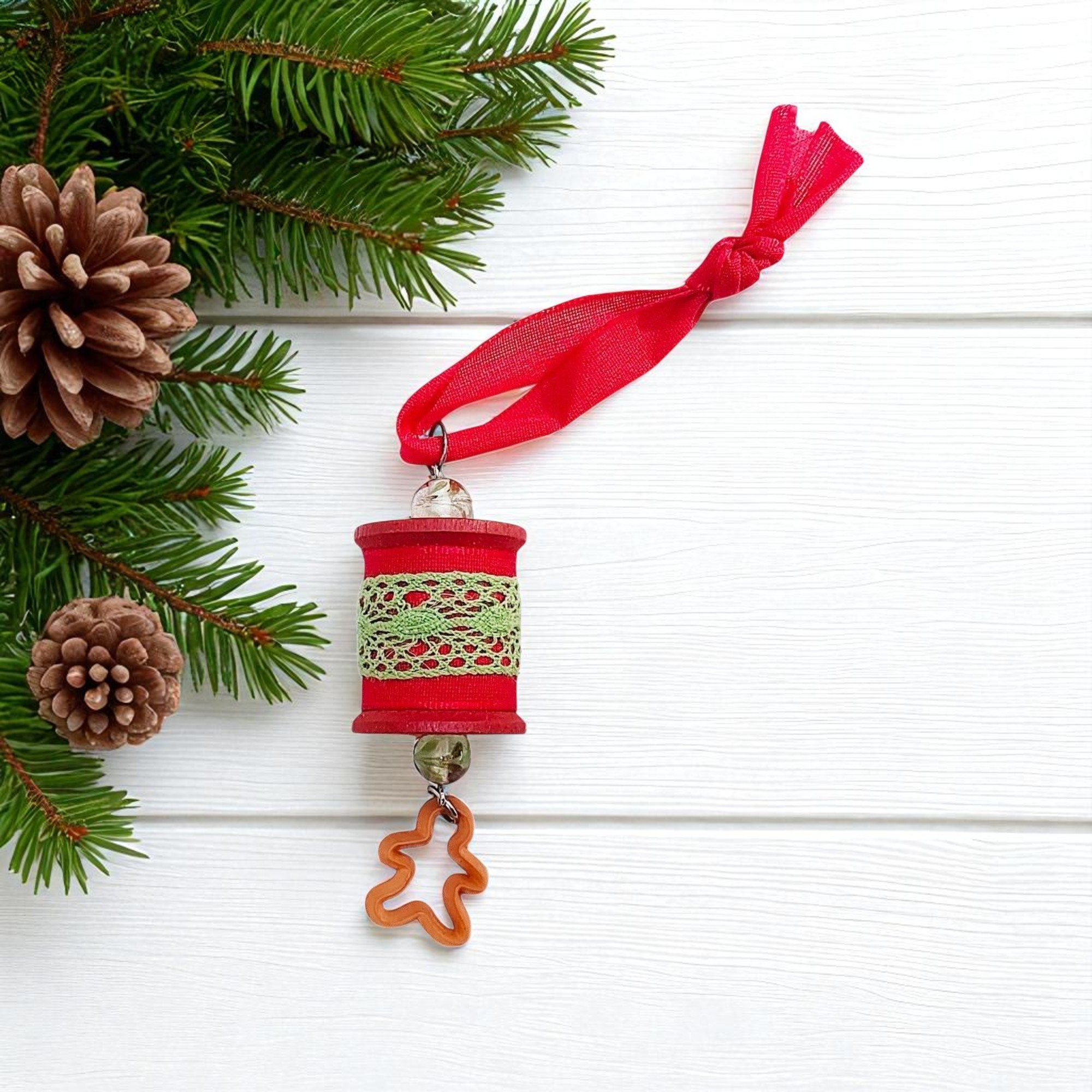 Festive Wooden Spool Christmas Ornament with Gingerbread Man 
