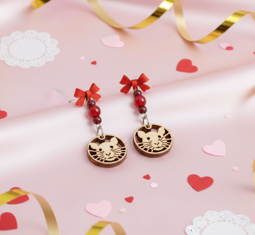 Handcrafted Cute Rat Face Wooden Charm & Red Gemstone Post Bow Earrings