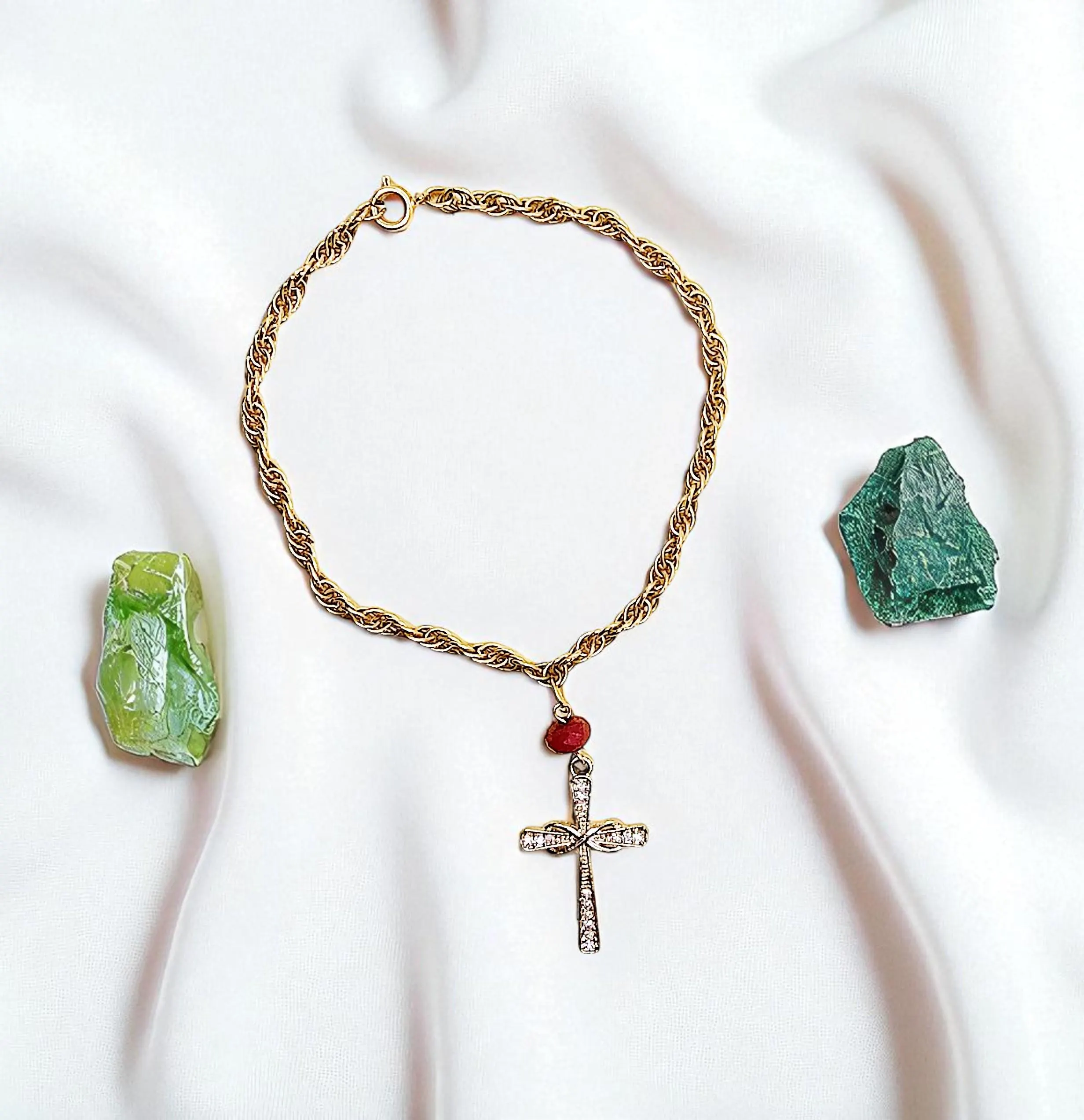 Golden Christian Cross Gemstone Dangle Anklet