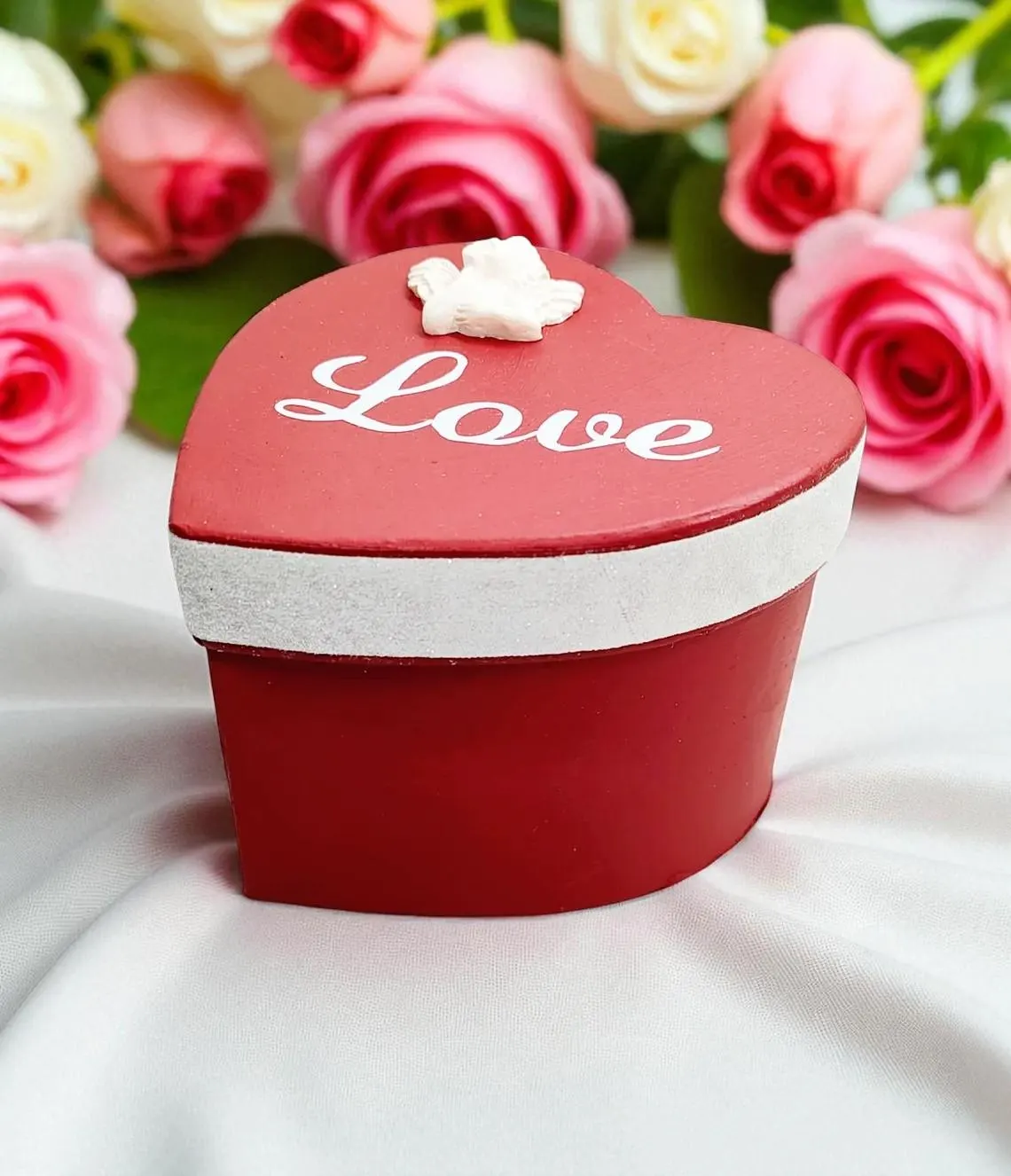 Hand Painted Heart Shaped Love Box with Cupid 