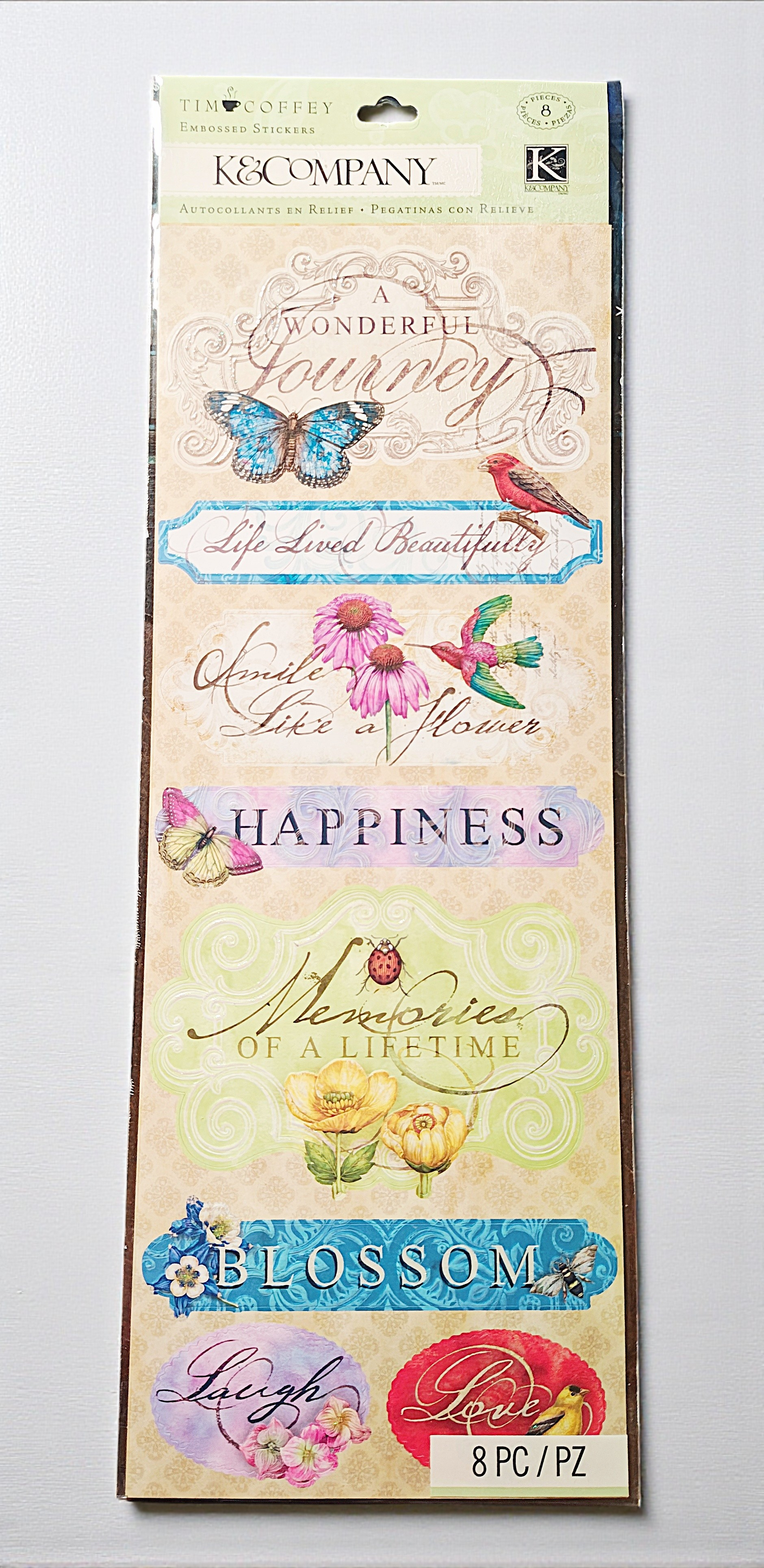 K&Company Tim Coffey Embossed Phrase Stickers – “A Wonderful Journey” Collection, 8 Pieces