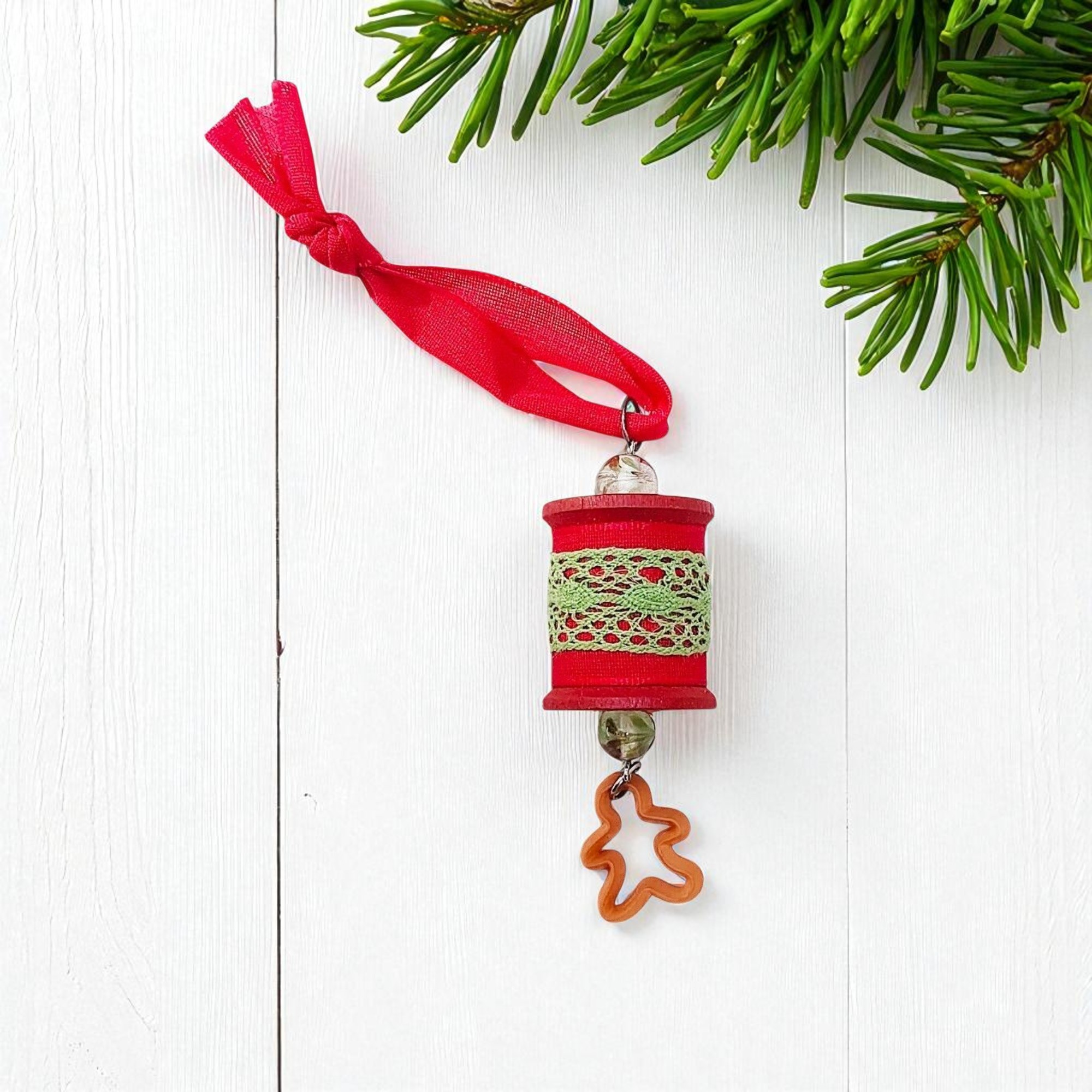 Festive Wooden Spool Christmas Ornament with Gingerbread Man