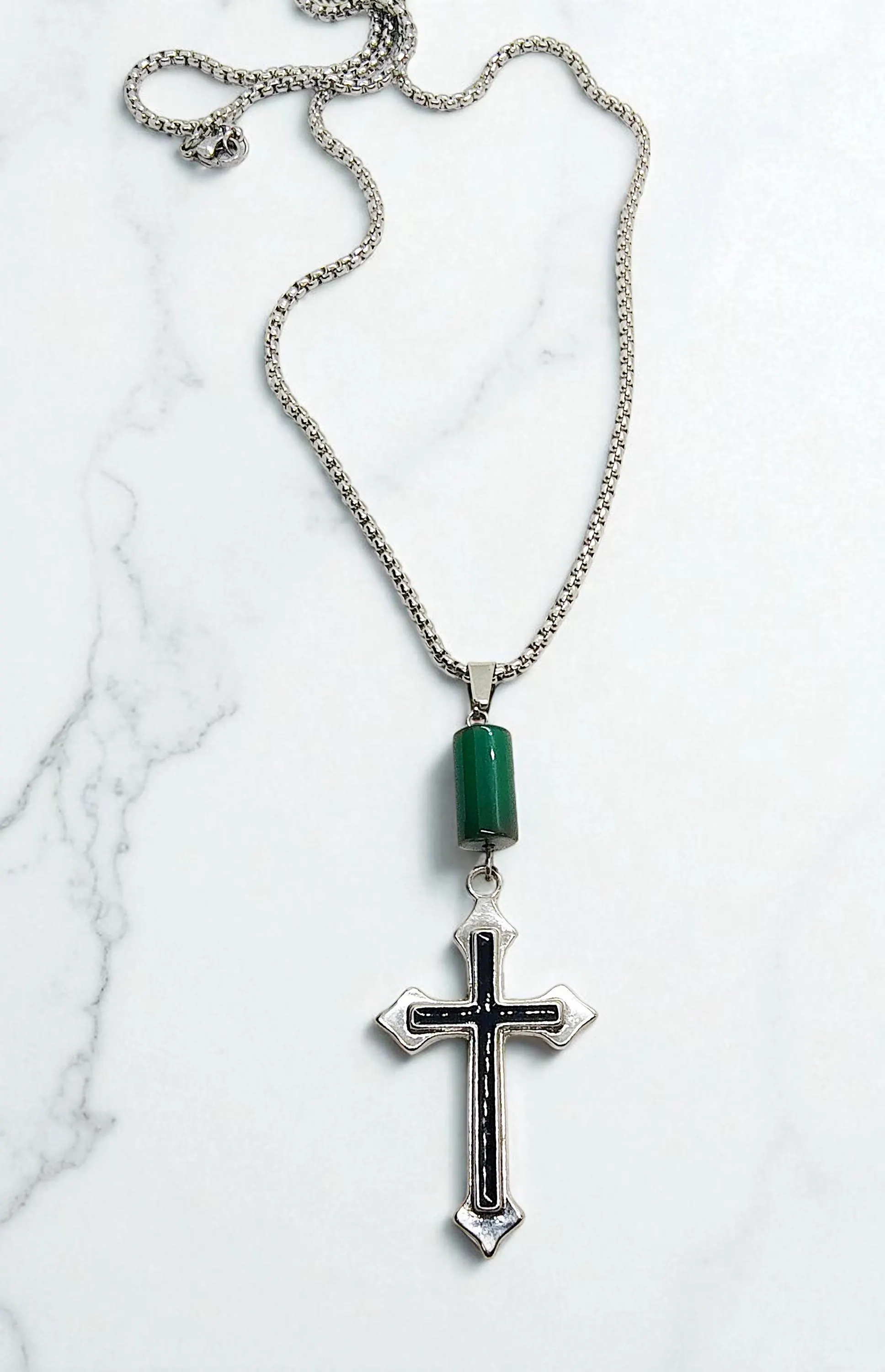 Men's Christian Cross Stainless Steel Gemstone Necklace