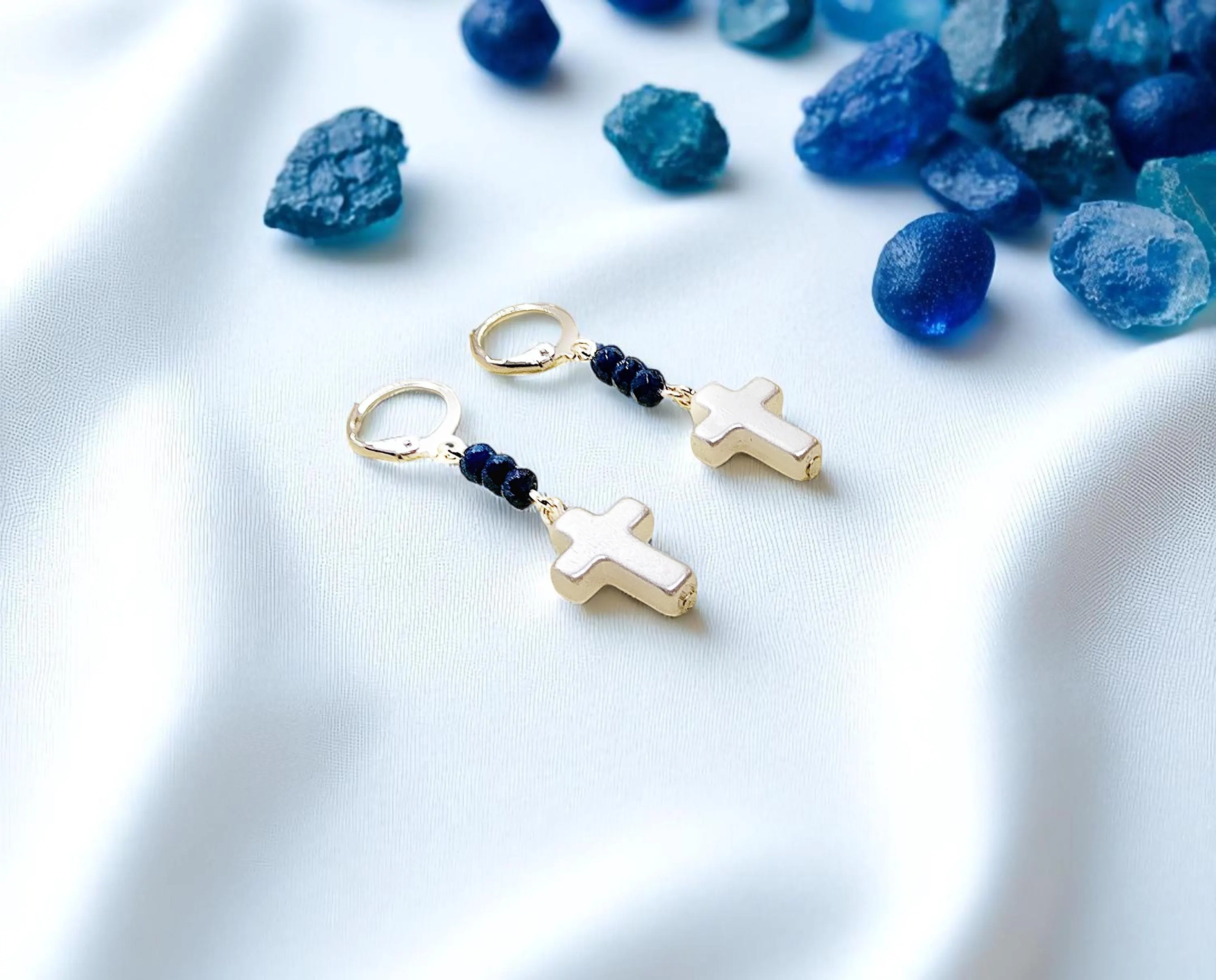 Religious Christian Sapphire Gemstone Pearl Cross Dangle Earrings with Lever Backs
