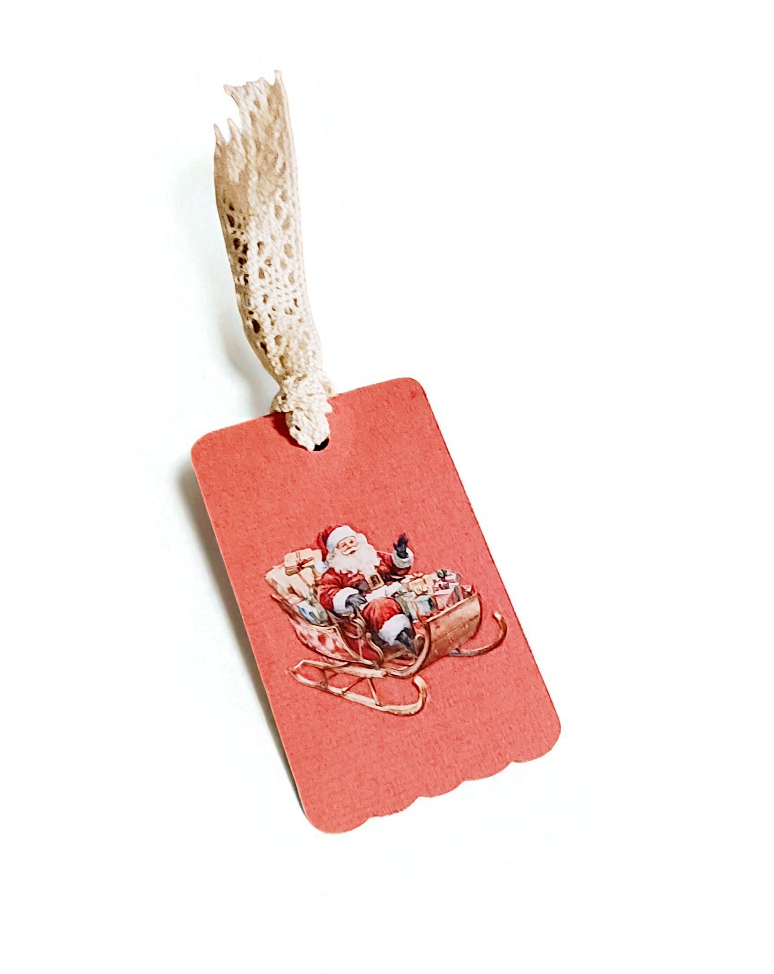 Handmade Retro Santa Christmas Gift Tags with Lace Ribbon - Set of 5