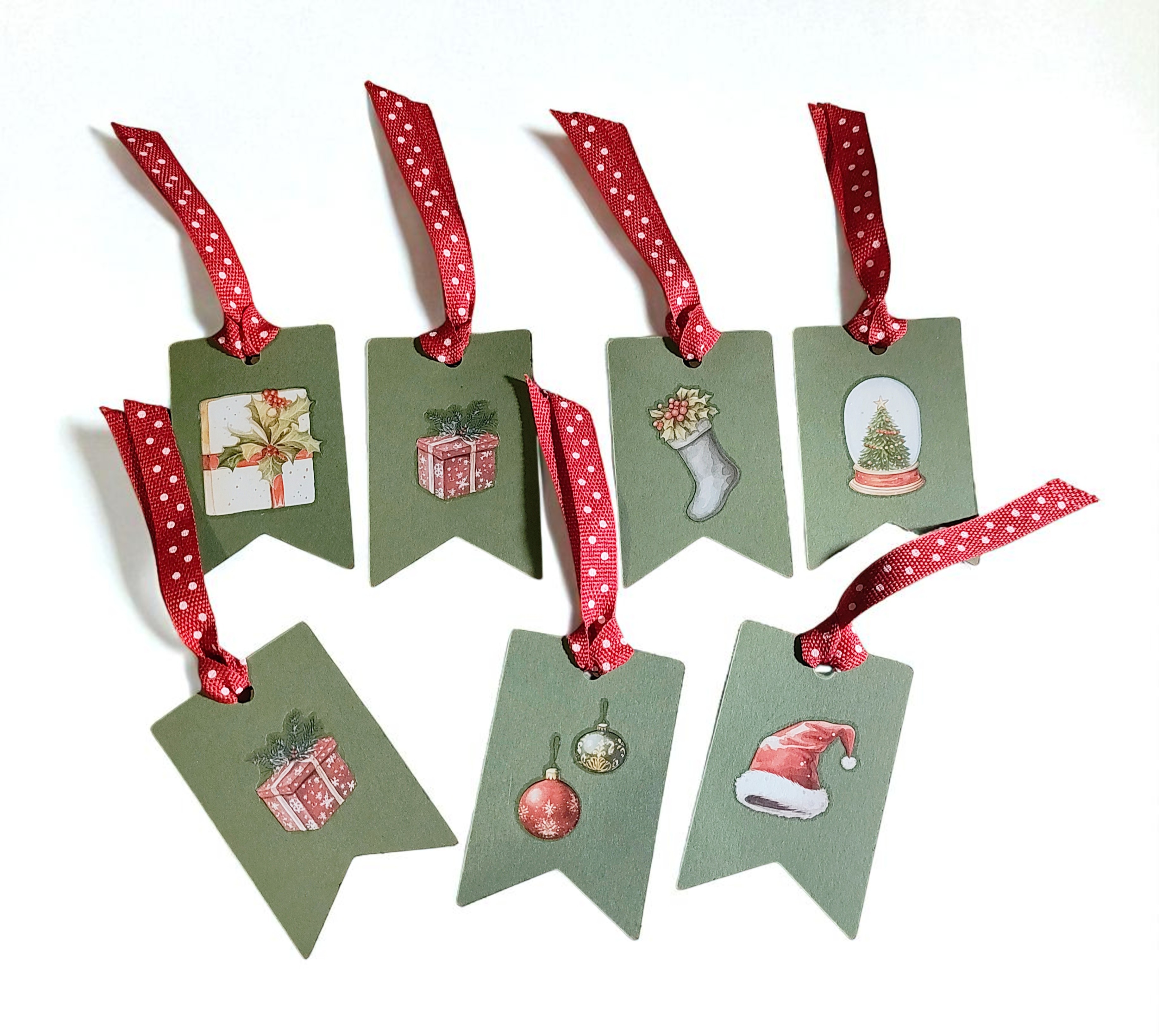 Whimsical Christmas Gift Tags with Red Polka Dot Ribbon - Set of 7
