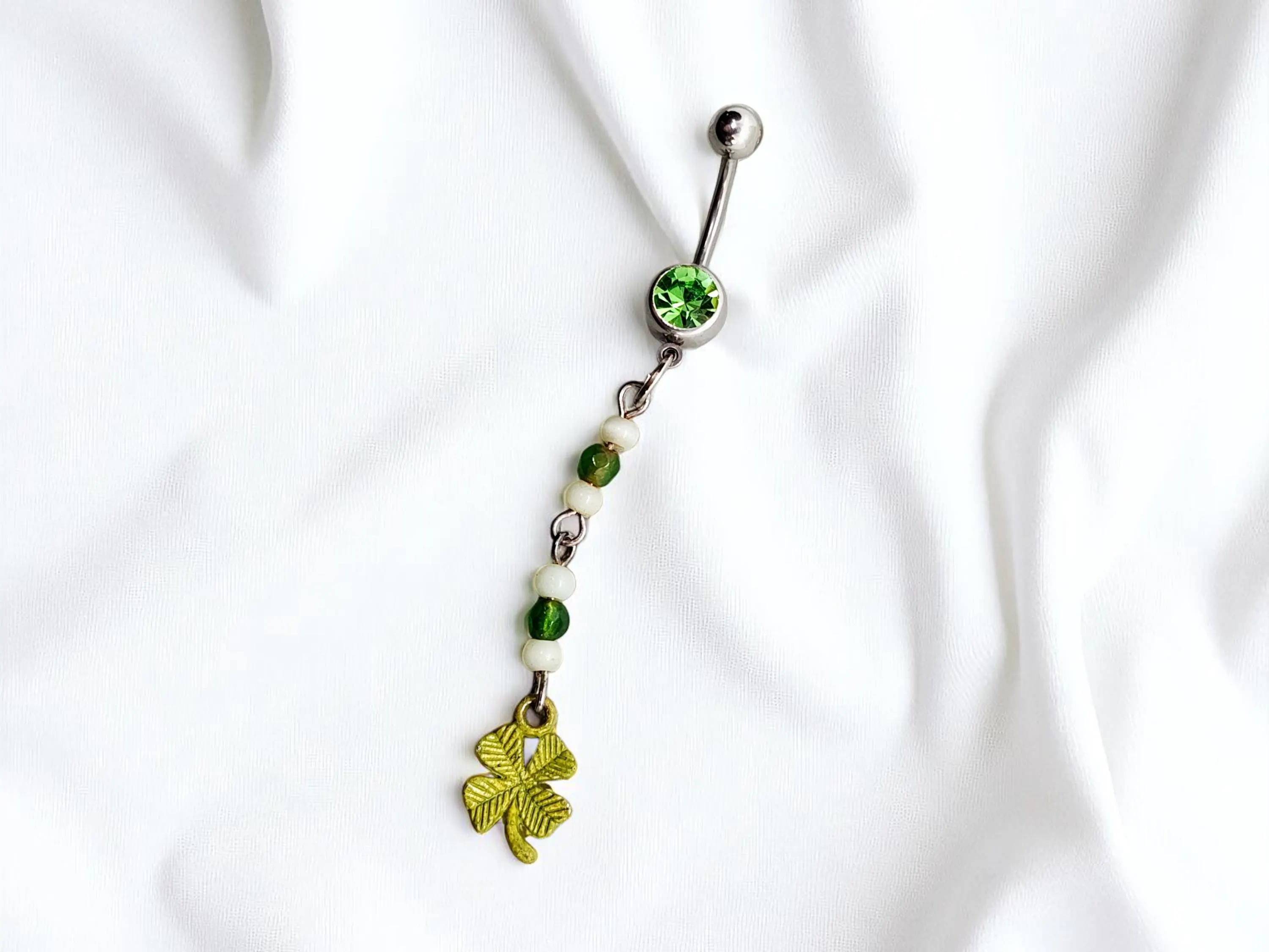 Four Leaf Clover with Green Gemstone Belly Button Ring Jewelry - 14 G