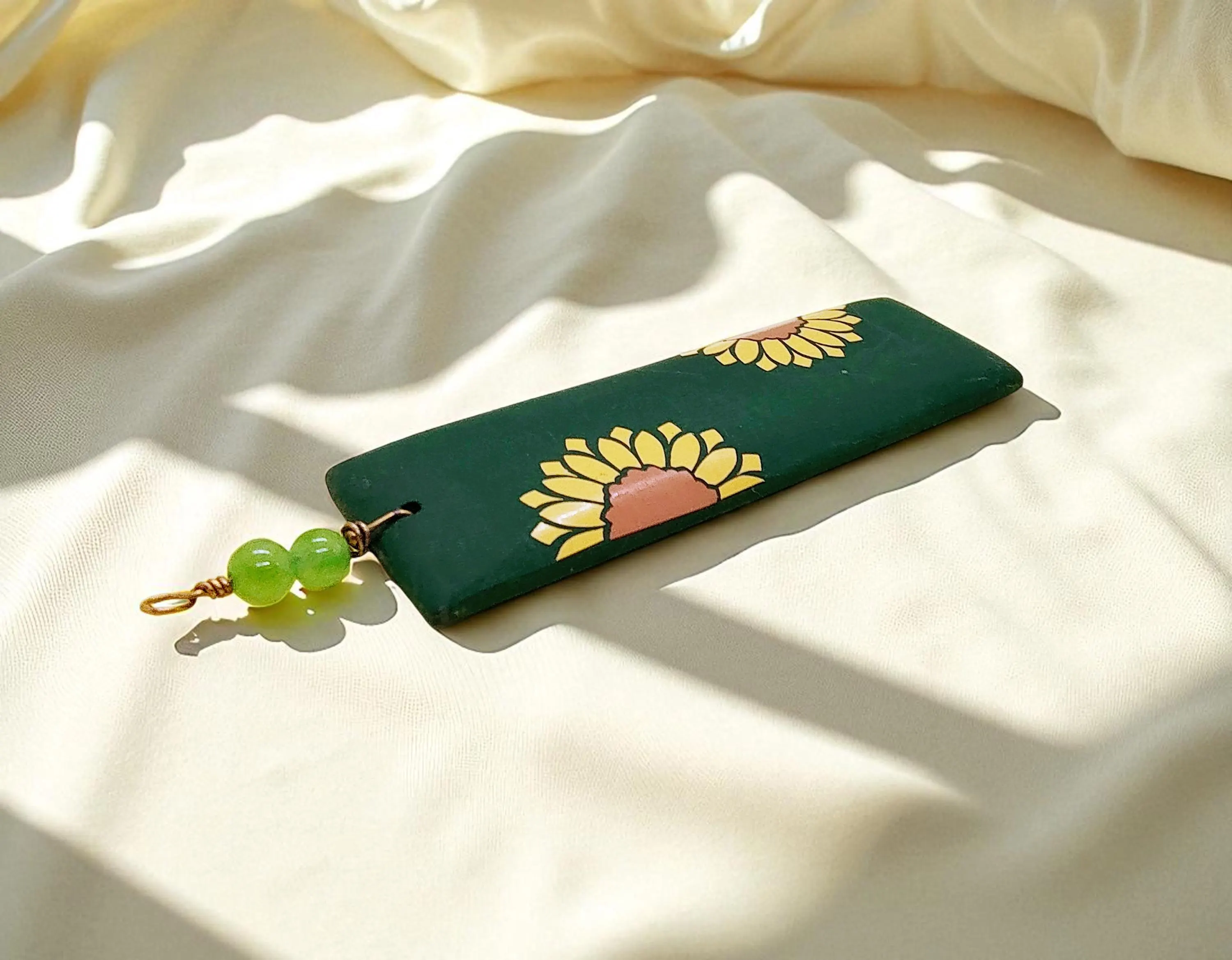 Large Hand Painted Wooden Sunflower Pendant Green Background with Gemstone Bead Accent