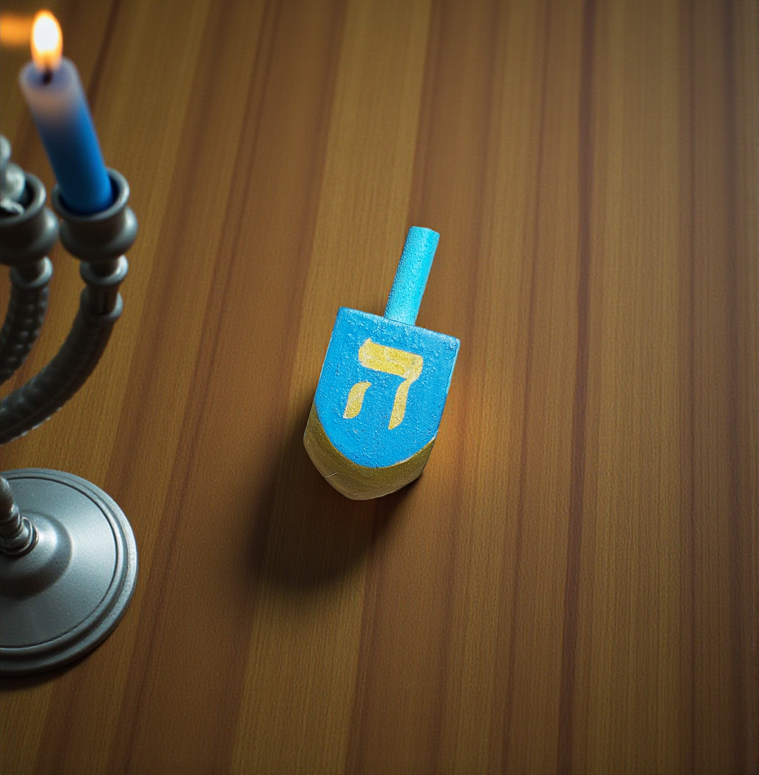Hand Painted Wooden Blue & Gold Hanukkah Dreidel Game