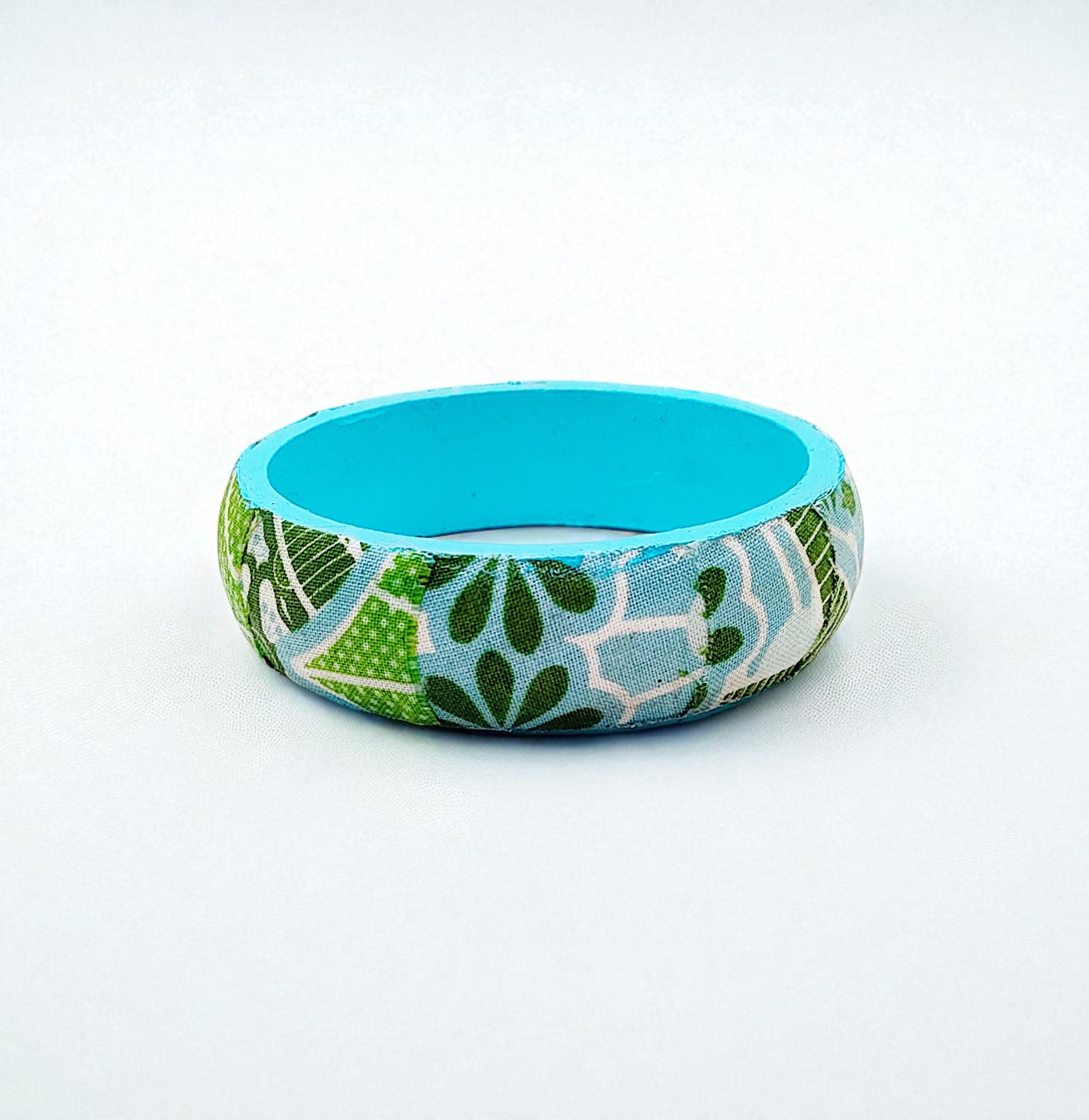 Retro Blue & Green Wood and Fabric-Covered Bangle Bracelet