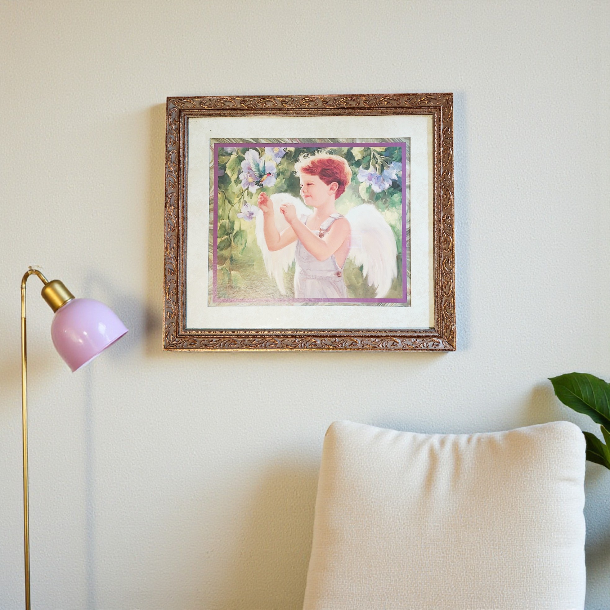 Vintage Gold Framed Boy Angel With Hummingbird Matted Print Wall Hanging