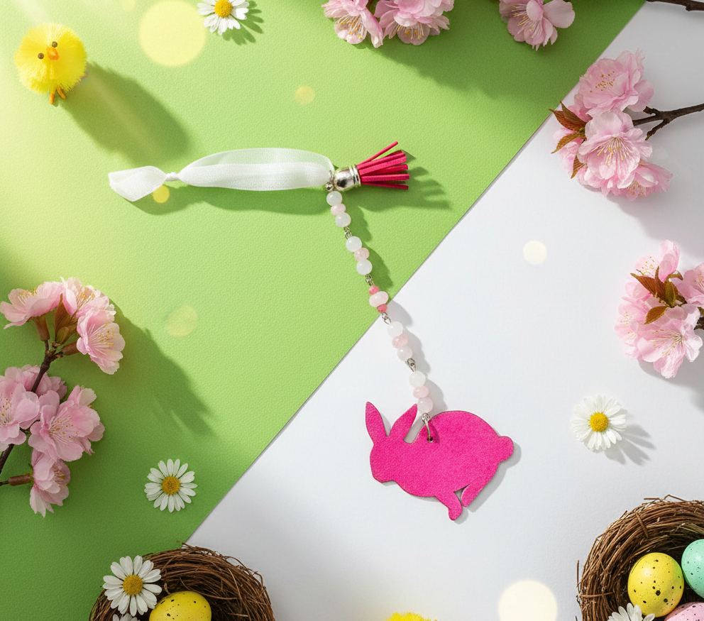 Whimsical Pink Bunny Rabbit Gemstone Beaded Hanging Ornament