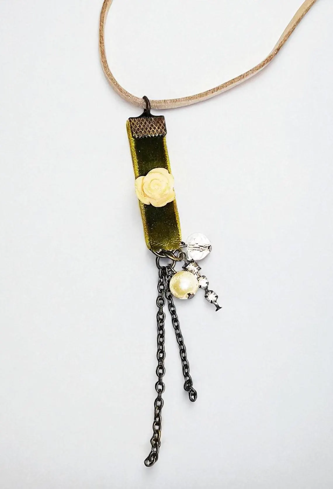 Vintage Inspired Steampunk Rose Pendant on Tan Suede Cord Necklace