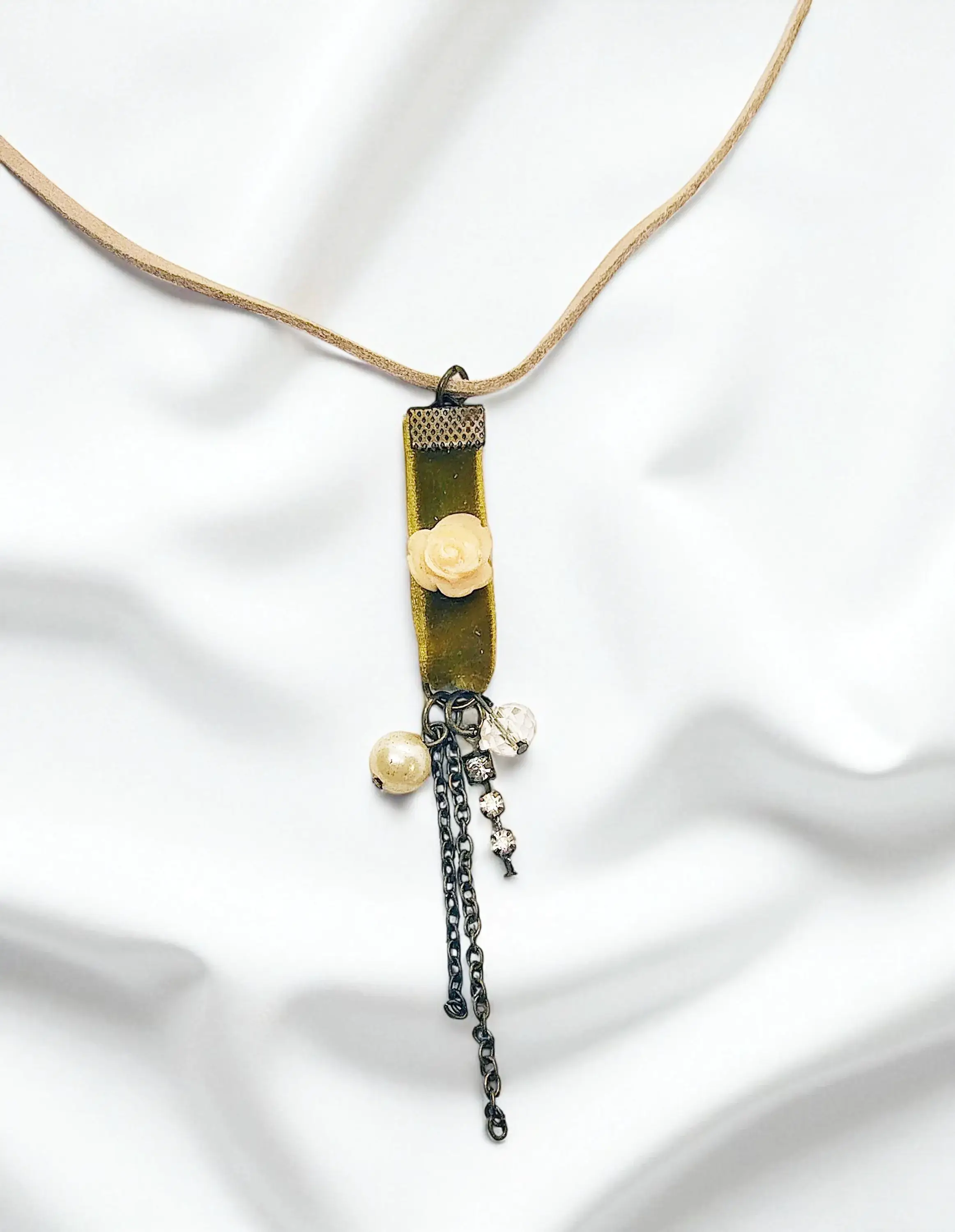 Vintage Inspired Steampunk Rose Pendant on Tan Suede Cord Necklace