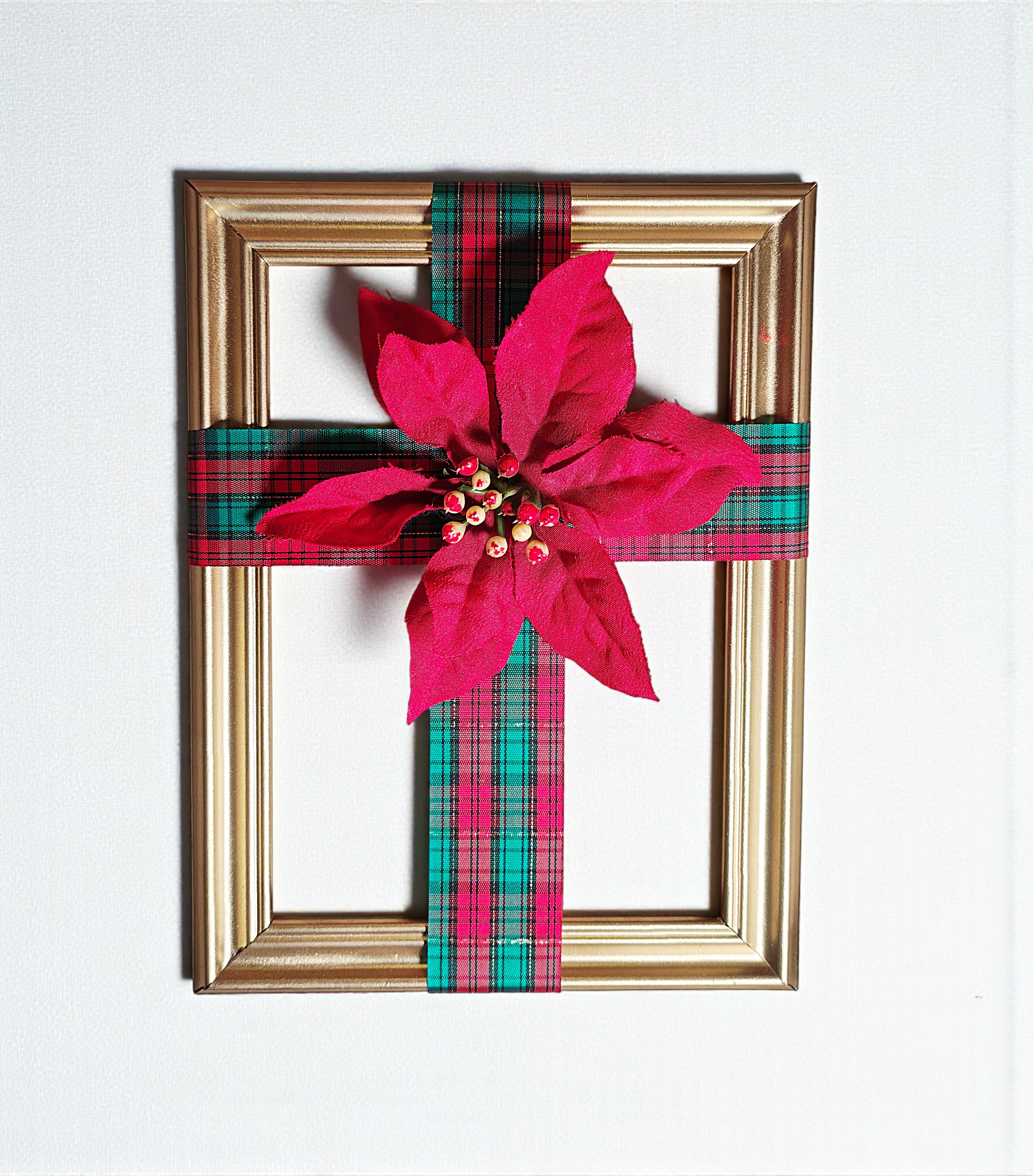 Gold Christmas Ribbon Cross Frame Wall Hanging with Poinsettia