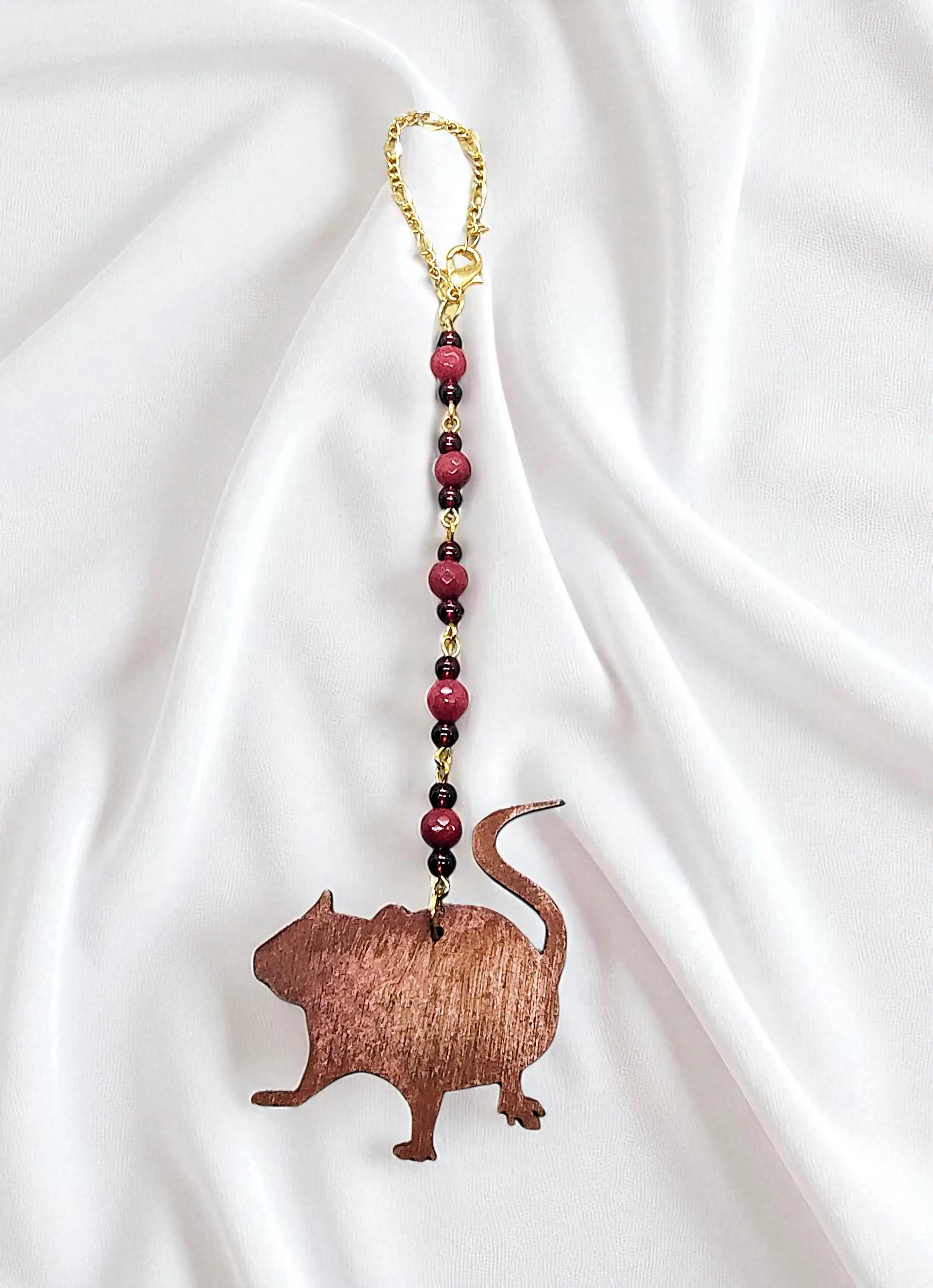 Red Chalcedony & Garnet Gemstone Fancy Rat Rearview Mirror Car Charm