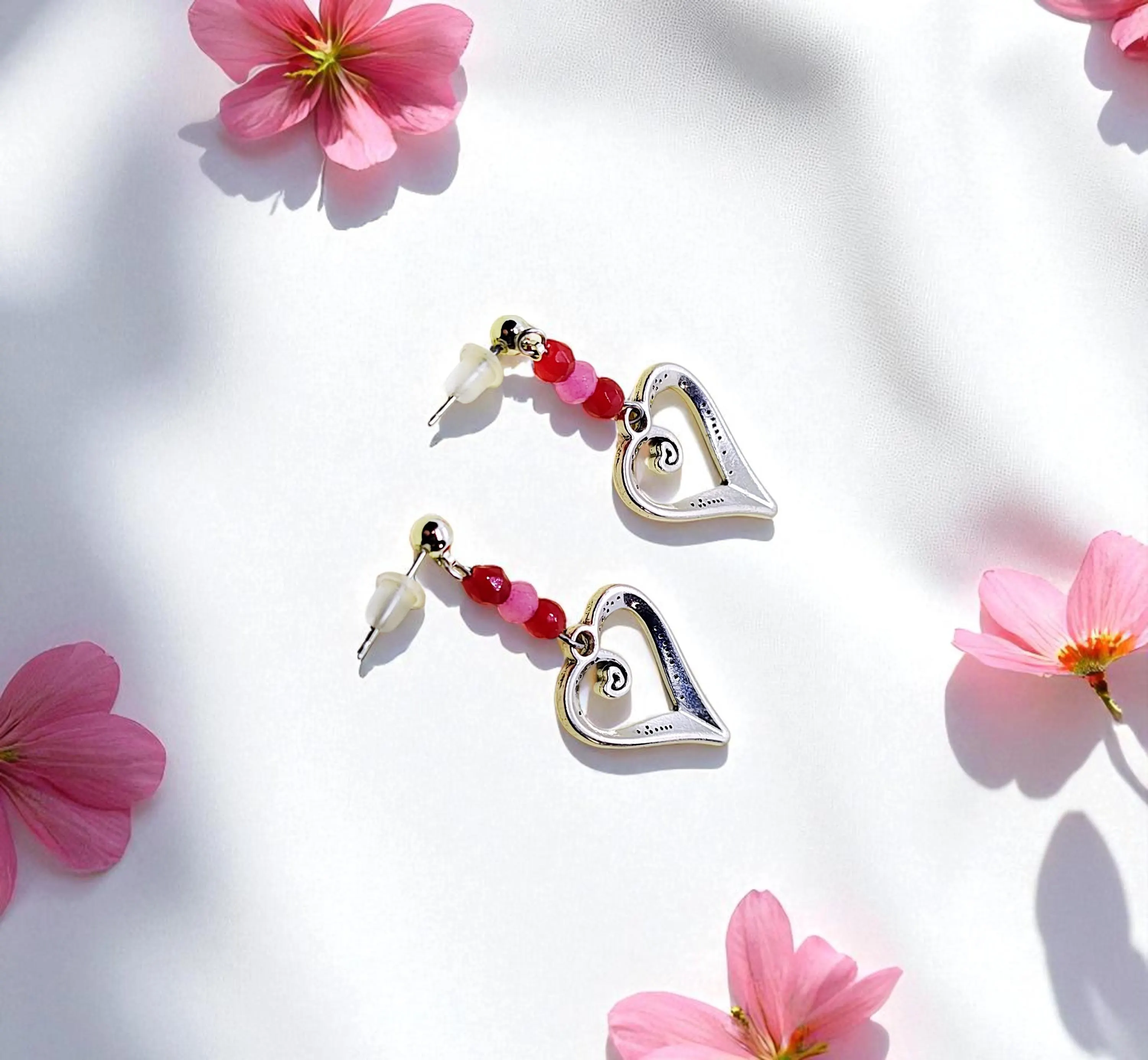 Handcrafted Decorative Heart & Gemstone Post Earrings 