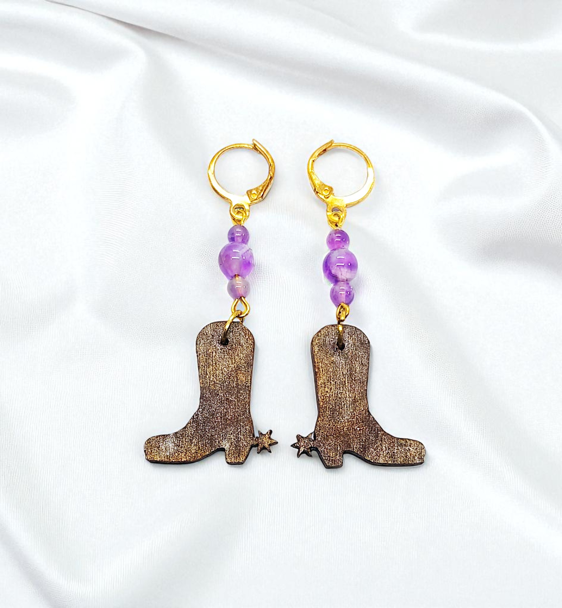 Wooden Cowboy Boots Gemstone Dangle Earrings 