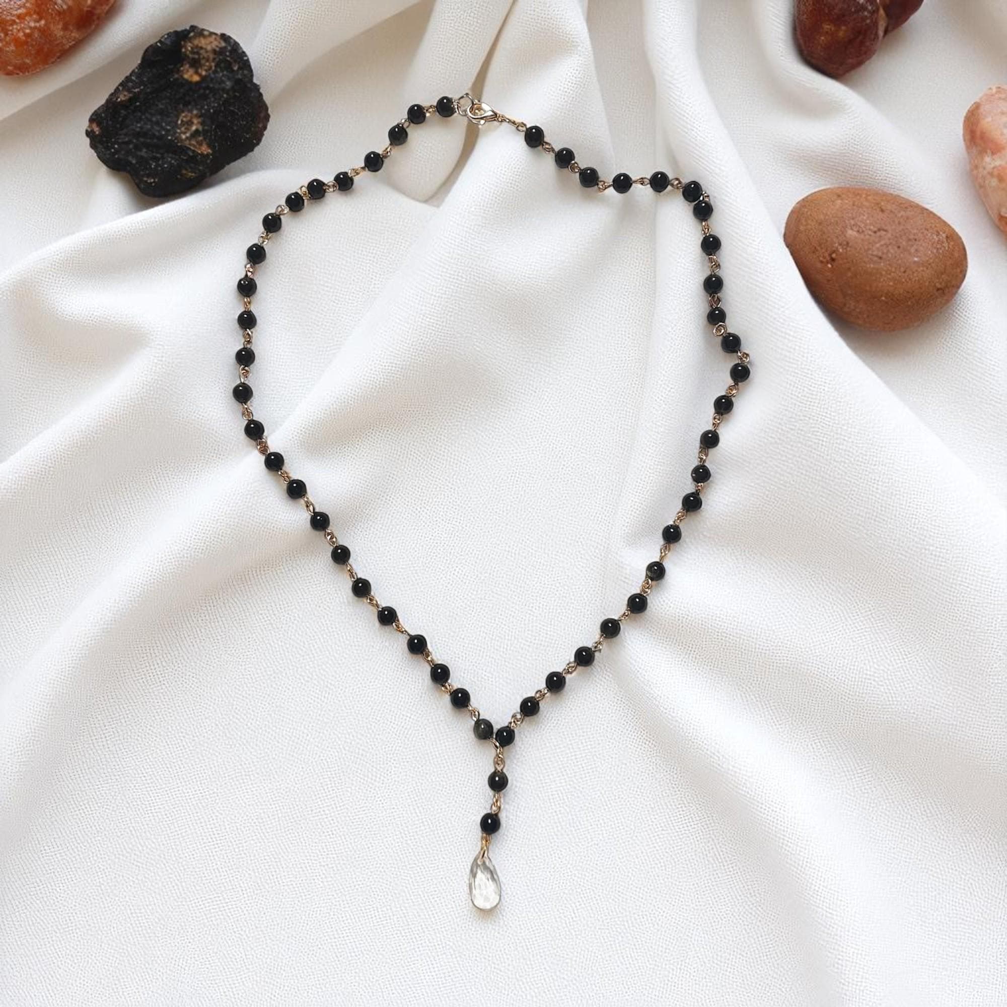 Beaded Golden Black Obsidian Gemstone Statement Necklace with Crystal Pendant