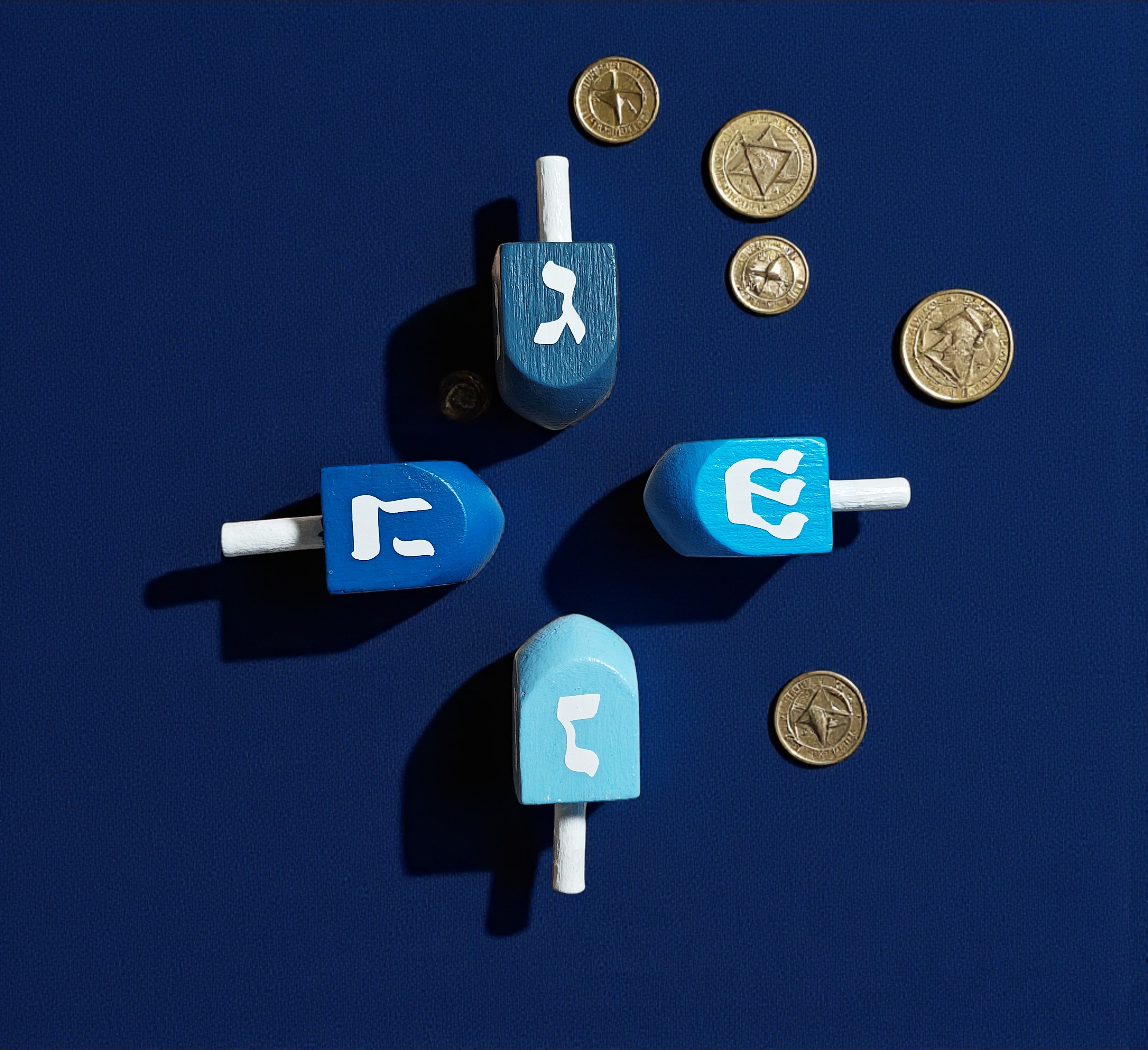 Hand Painted Wooden Blue Hanukkah Dreidel Game Set