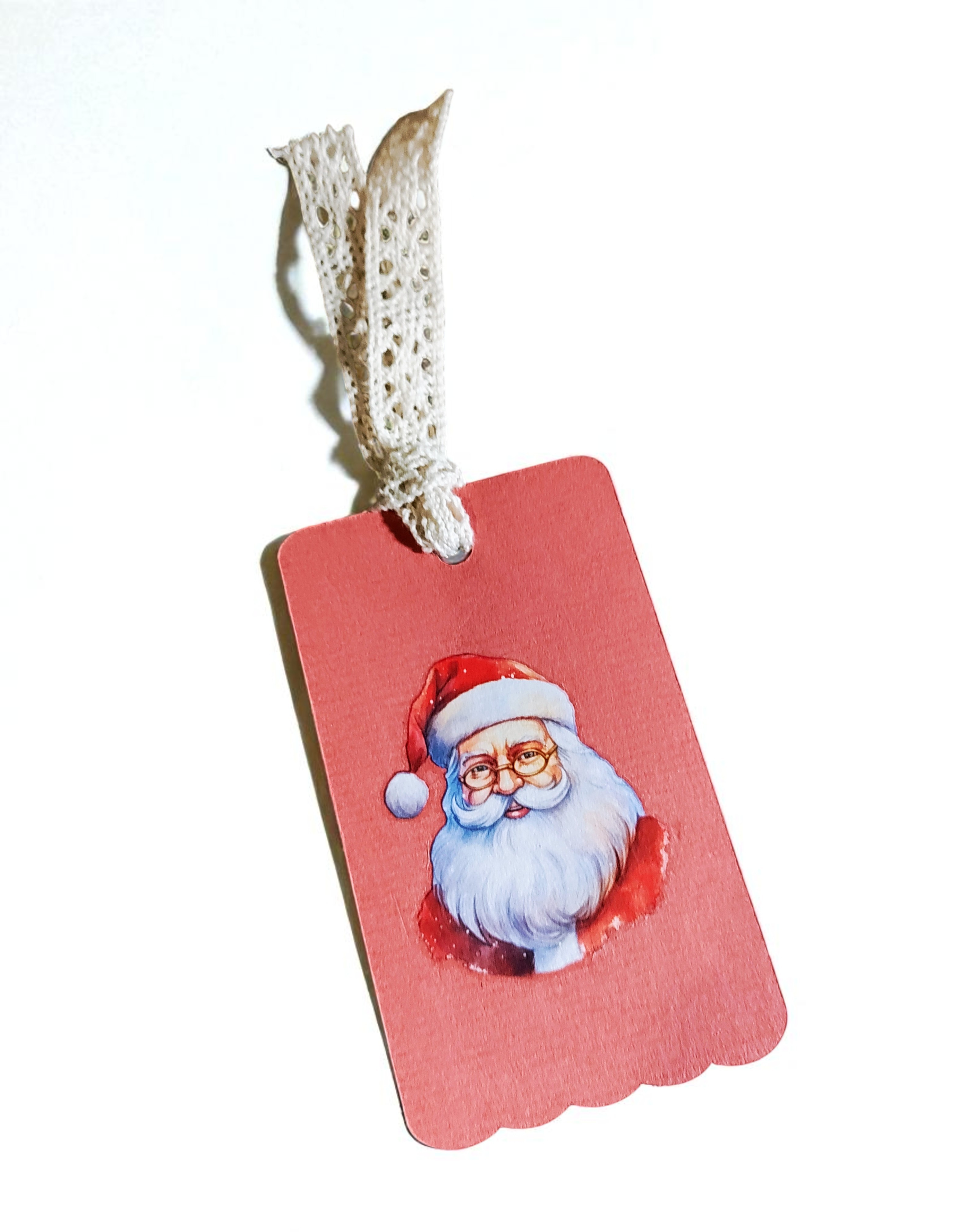 Handmade Retro Santa Christmas Gift Tags with Lace Ribbon - Set of 5