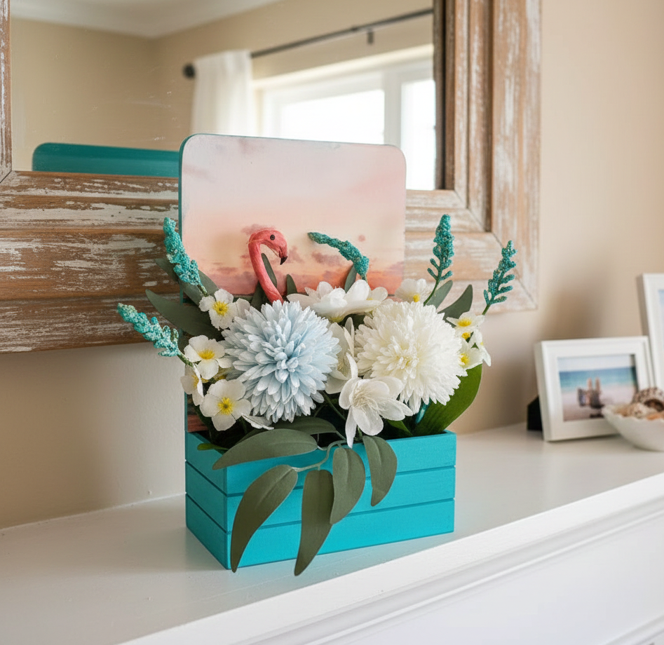 Summer Artificial Flower Arrangement in Wooden Decoupaged Planter