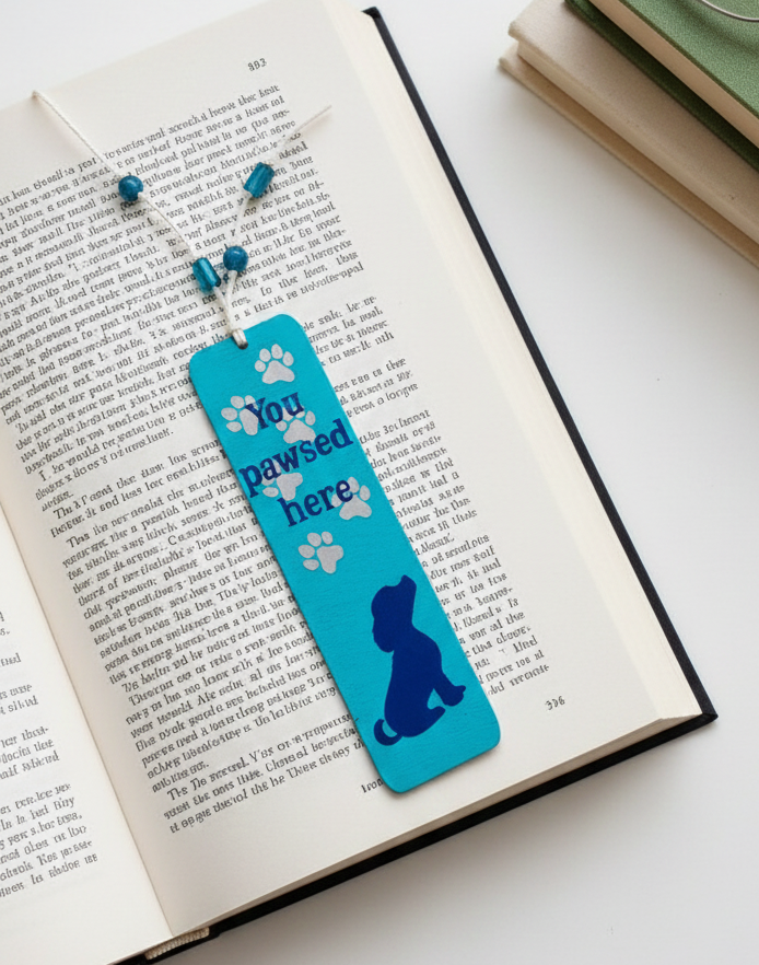 Handmade Wooden Teal You Pawsed Here Dog Bookmark w Gemstones 