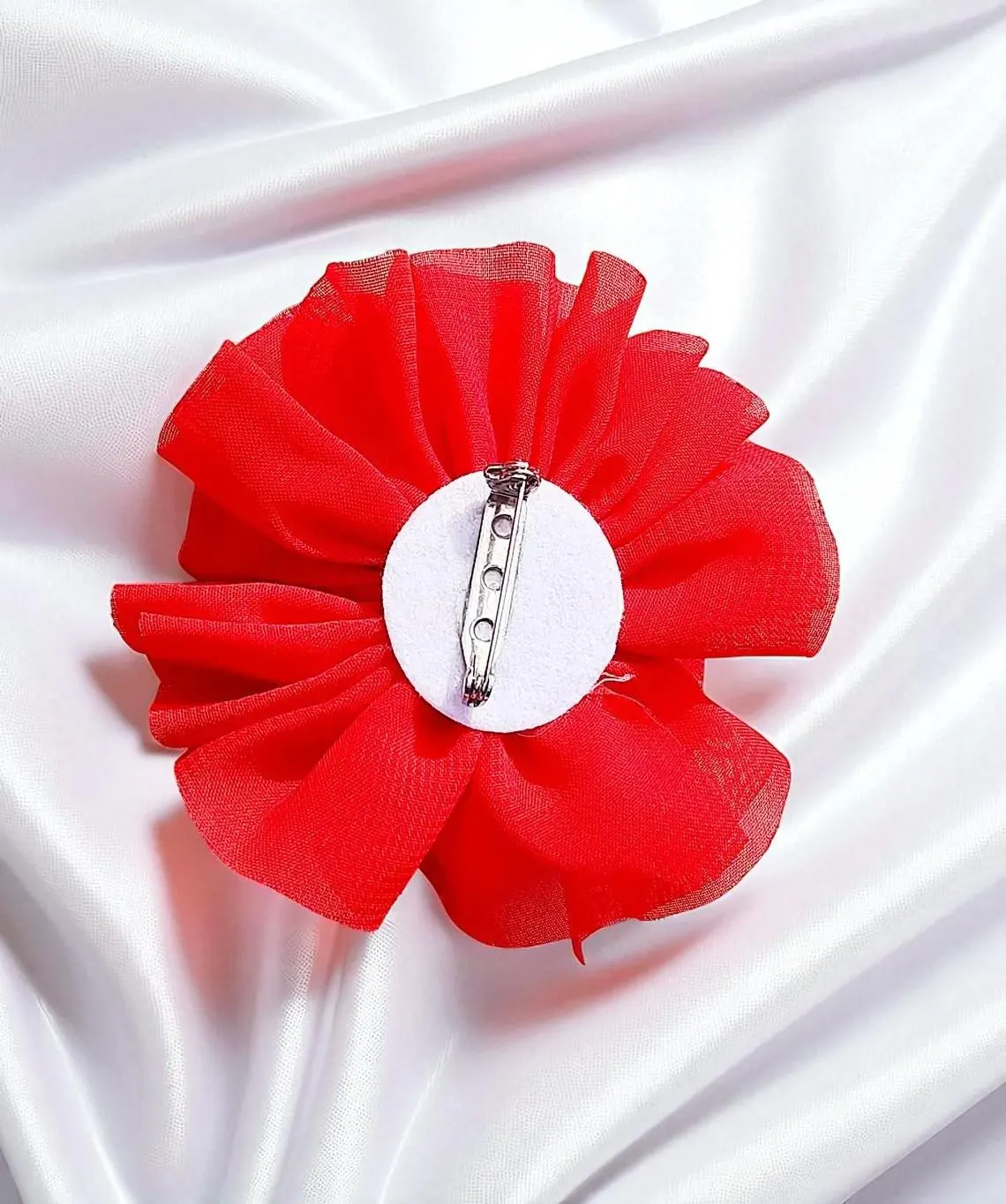 Red Sheer Fabric Floral Brooch Pin 